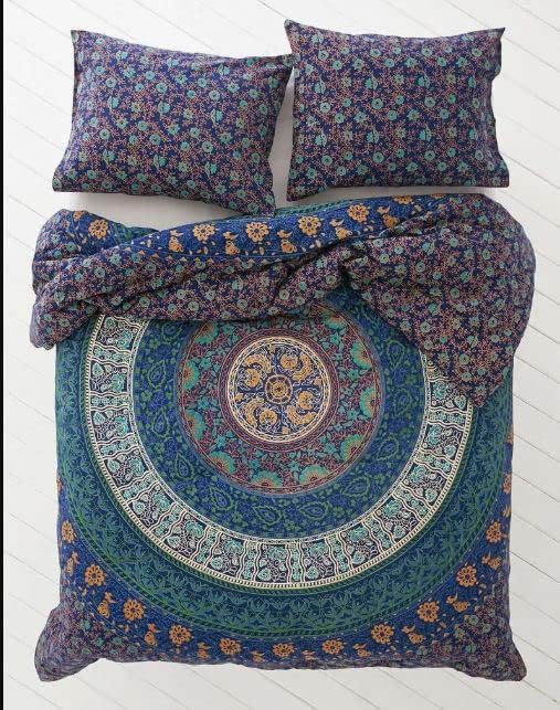 RamapirHandicraft Juego de funda de edredón de algodón de Doona de tamaño individual indio, hippie, bohemio, mandala, funda de edredón con 2 fundas