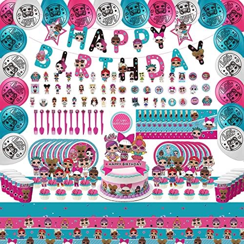 218pcs LOL Birthday Party Decorations for 16 Guests,Surprise Birthday Decorations, Party Decorations Included Happy Birthday Banner,Cake Topper,Cupcake Topper,Latex Balloon,Tablecloth,Napkin,DinnerPlate,Stickers