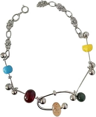 Y2K Silver Alloy Irregular Womens Necklace, Fashion Colorful Beaded Choker Necklace