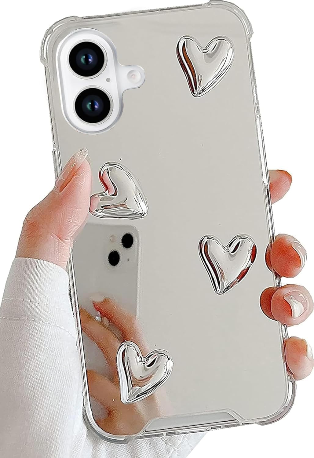 Compatible with iPhone 17 case,Mirror Senior Silver Cute Heart Soft Silicone Clear Makeup Mirror Women Girls Shockproof Protect Cover Case for iPhone 17
