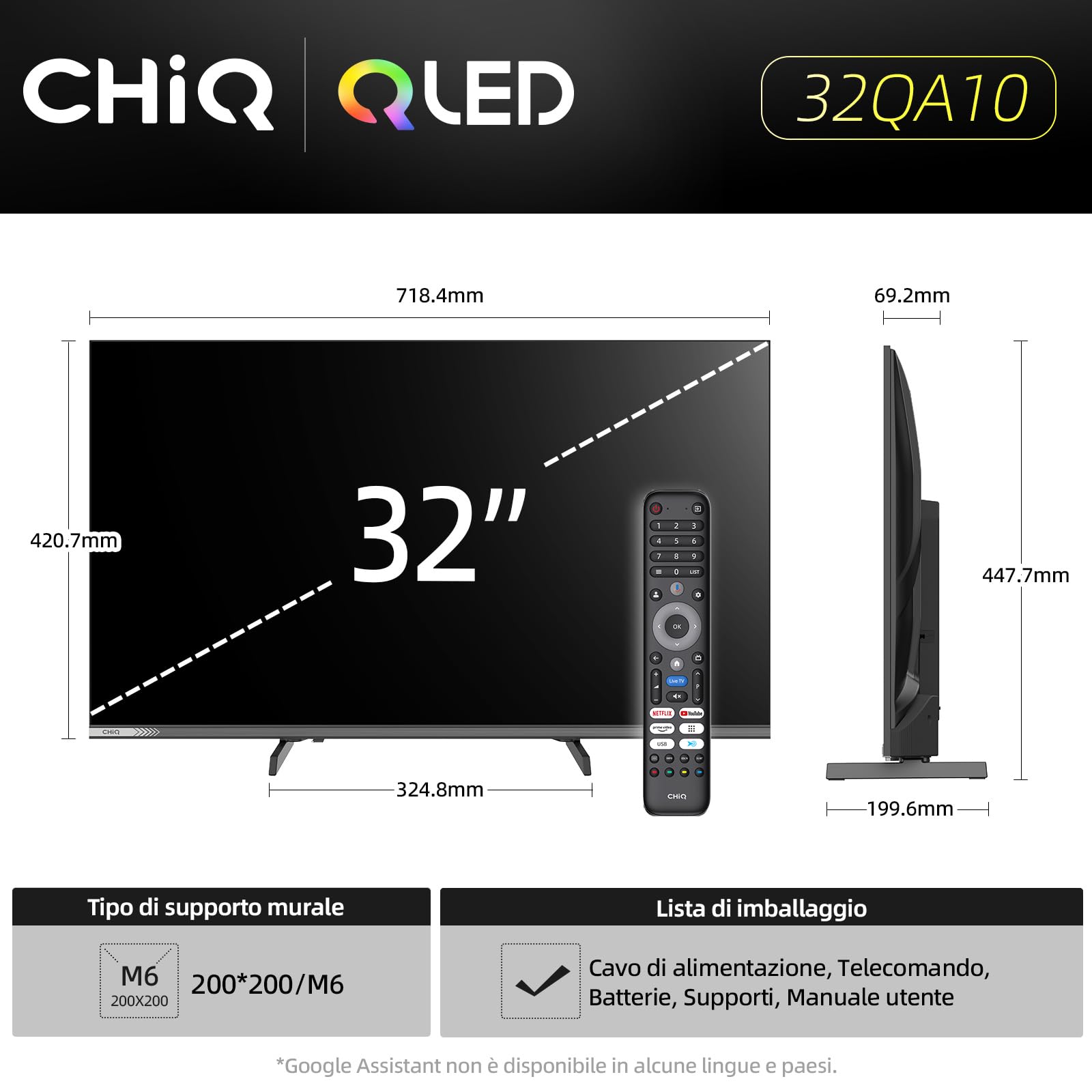 Google QLED CHIQ 32QA10 Smart TV 32 cale | Full HD HDR10 | Dolby Audio i DBX-TV | Metalowa konstrukcja bez ramy | Wbudowany Chromecast | Asystent Google | Nowy model 2025