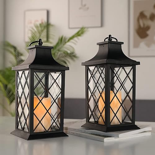 JHY DESIGN Juego de 2 faroles de vela vintage de 12 pulgadas de alto, impermeables, con vela LED parpadeante sin llama con temporizador de 6 horas,