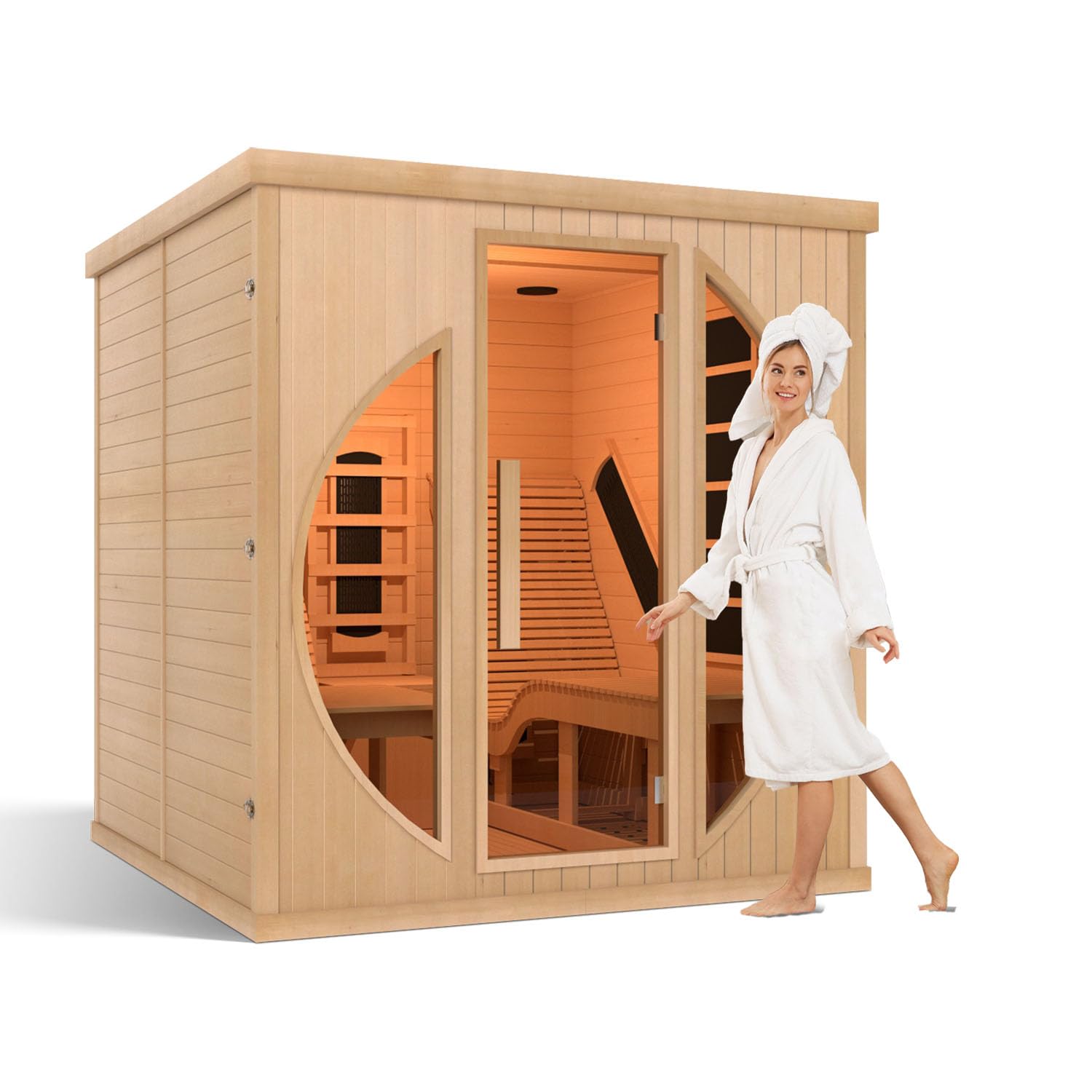 Duthss Infrared 2 Person Wooden Home Sauna Room, 3400W Canadian Hemlock Wood Dry Sauna with LED Control Panel, Oxygen Bar, Panoramic Tempered Glass, 2 Person Lounge Chair