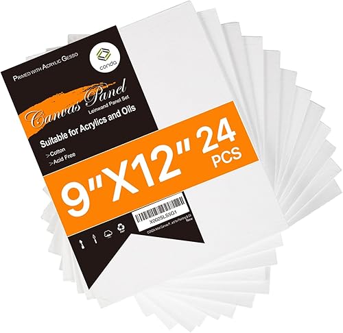 conda Lienzos para pintar de 9 x 12 pulgadas, paquete de 24 tableros de lienzo blanco en blanco, imprimados, 100% algodón, paneles de lienzo de