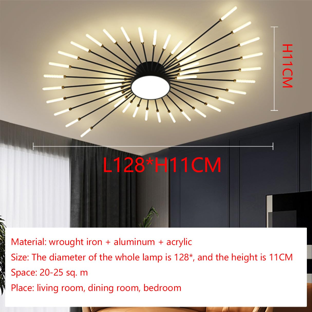 Moderne LED Deckenleuchte Dimmbar Wohnzimmer Deckenlampe Mit Fernbedienung, Deckenleuchte für Deckenbeleuchtung Schlafzimmer, Wohnzimmer, Esszimmer, Restaurant (Schwarz, L128CM)