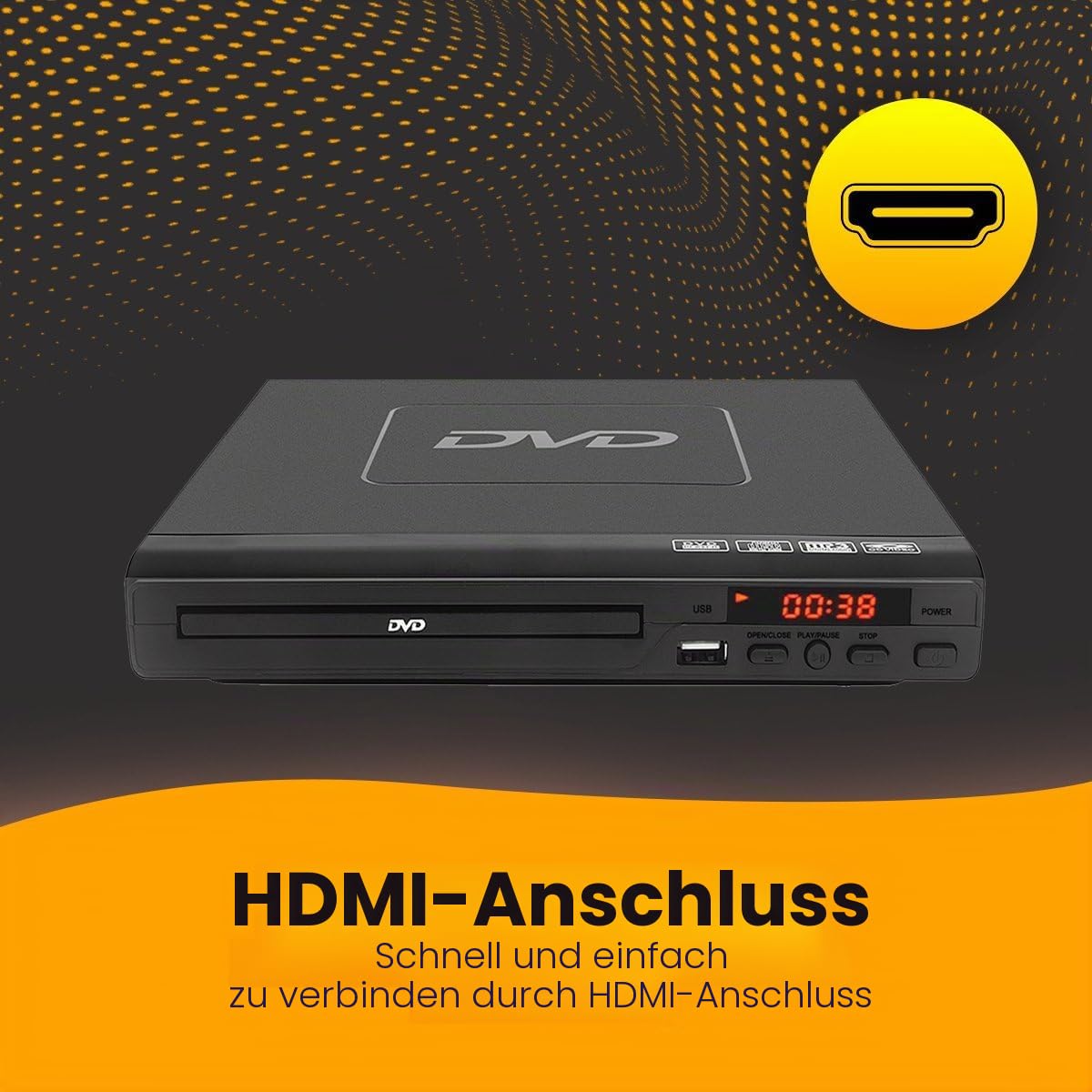 Premieres Schwarzer DVD-Player mit HDMI, AV-Kabel & Fernbedienung – Media-Player Full HD 1080p, Multi-Format-Player für DVD, CD, MP3 und MPEG4 – Plug-&-Play USB-Gerät – Tragbarer DVD- & CD-Player
