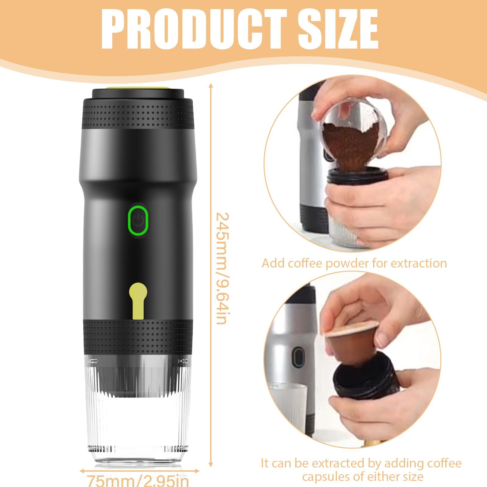 Espresso portatile, 3-in-1 Mini caffettiera con batteria, Caffettiera da campeggio per macinato caffè NS-capsule, Caffettiera da viaggio per campeggio auto da viaggio, Riscaldamento automatico rapido