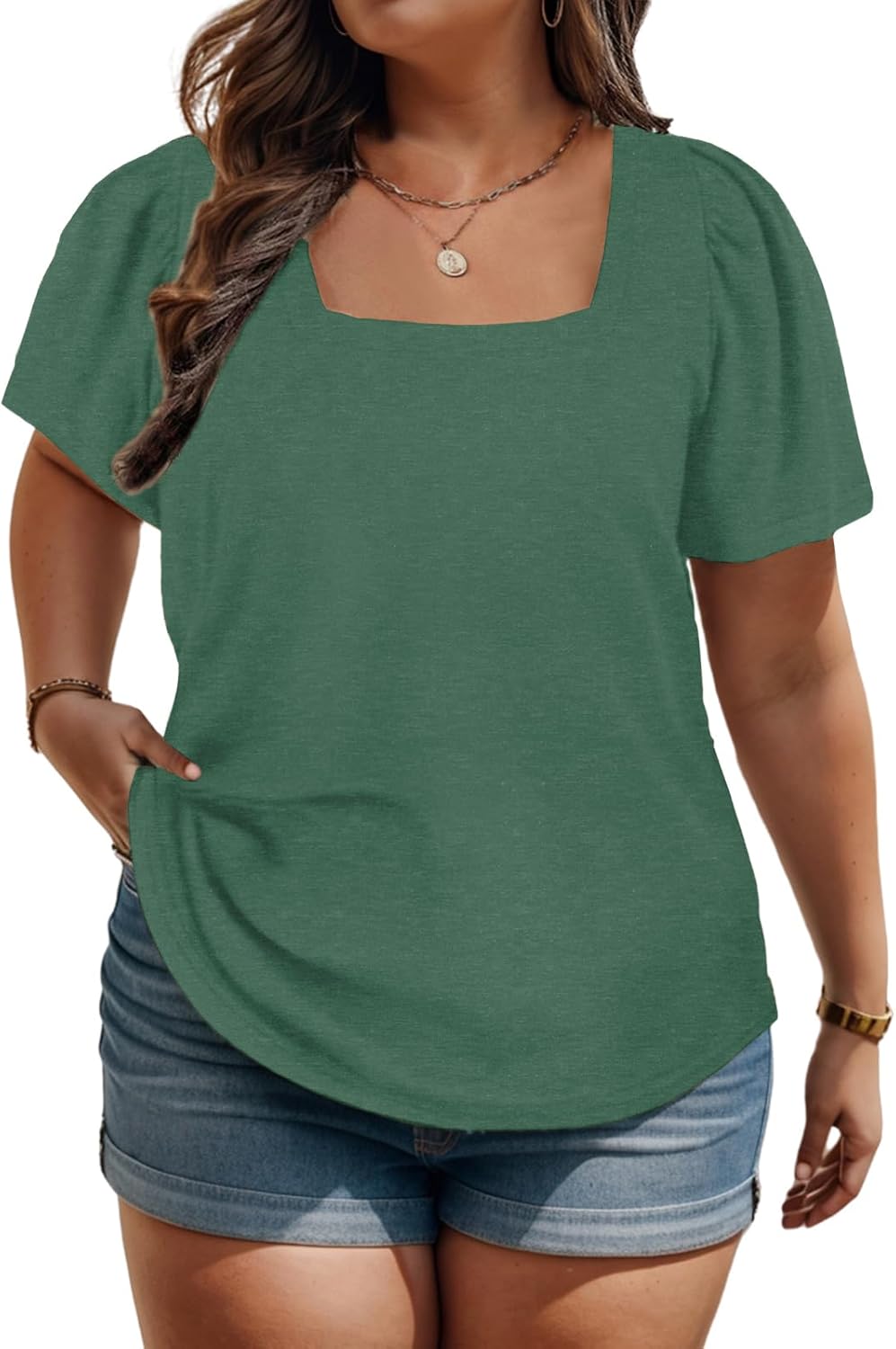 VISLILY Womens-Plus-Size-Tops Summer Puff Short Sleeve T Shirts Square Neck Tees Loose Fashion Tunics XL-5XL