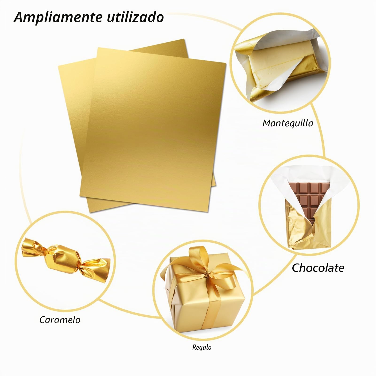Papel de Aluminio Dorado, 100 Envoltorios de Papel de Aluminio Dorado para Caramelos, 19x16CM Envoltorio de Chocolate de Caramelo, Embalaje de Chocolate