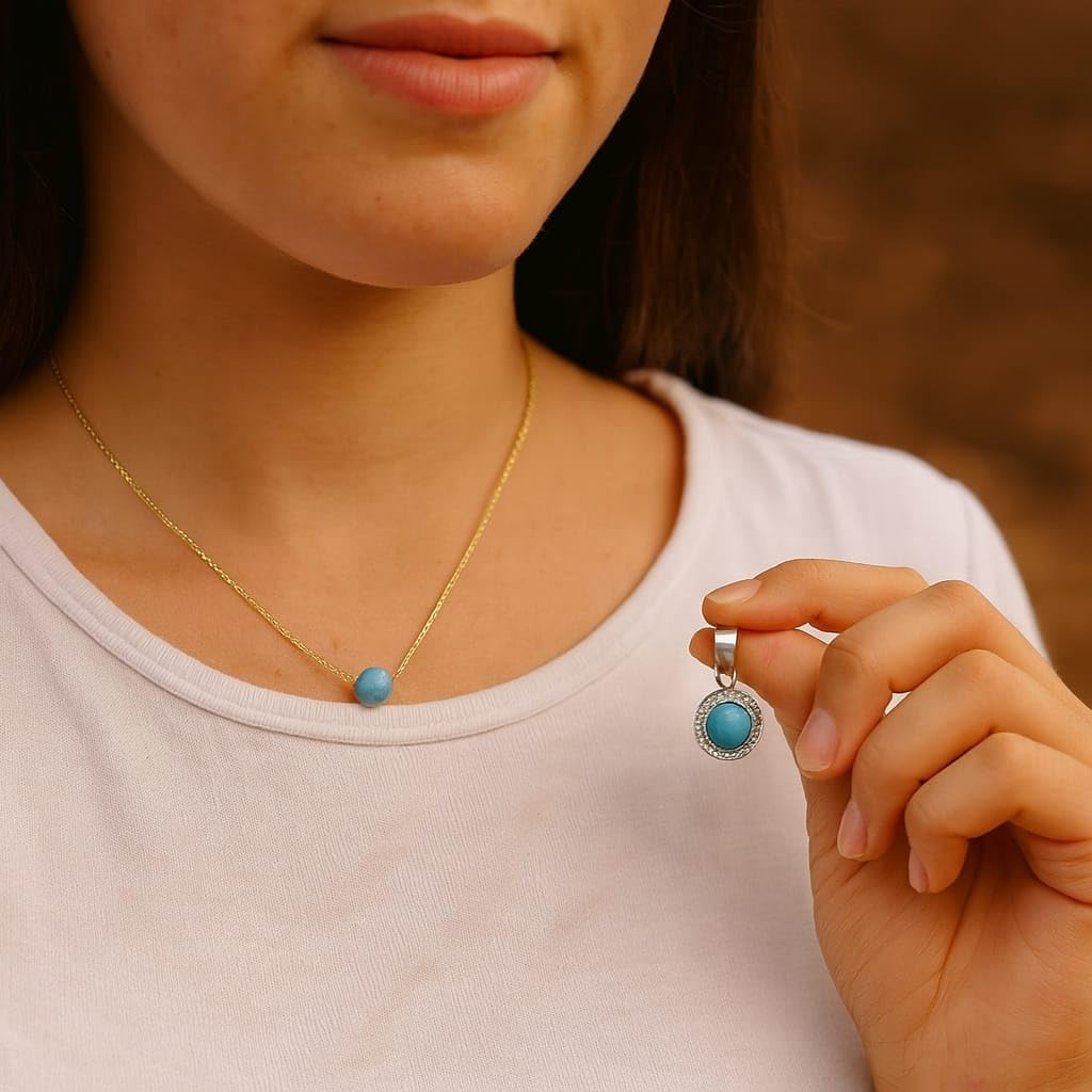 AAA Larimar Jewelry Set – 925 Sterling Silver Round Pendant & Larimar Bead Necklace, Handmade Gift