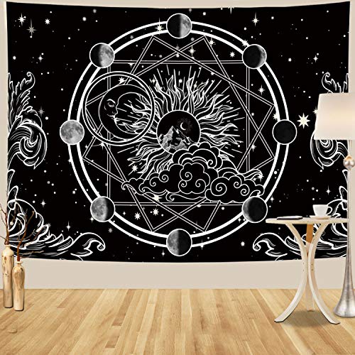 Psychedelic Sun and Moon Tapestry Moon Phase Tapestry Galaxy Stars Tapestry India Hippie Mandala Tapestry Black Wall Tapestry Mountain Tapestry Wall Hanging for Home