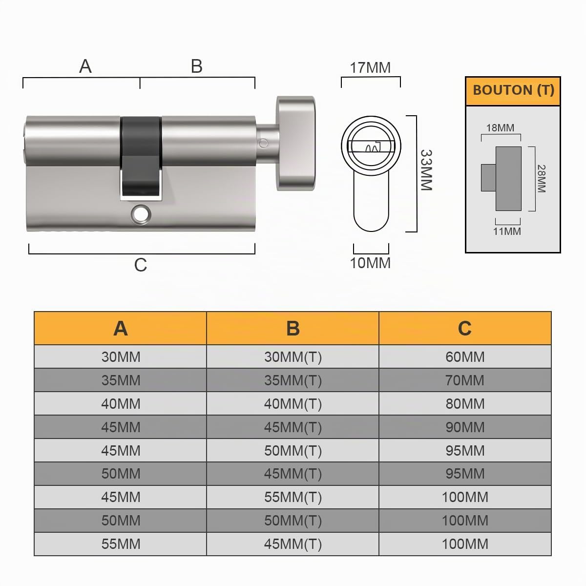 Bwintech 2 Pcs 30T/30mm Euro Cylindre en laiton, 60mm Thumbturn/Key Barrel Lock avec 10 clés horizontales en laiton,anti-crochetage, anti-perçage, anti-claquement, anti-choc, nickel satiné