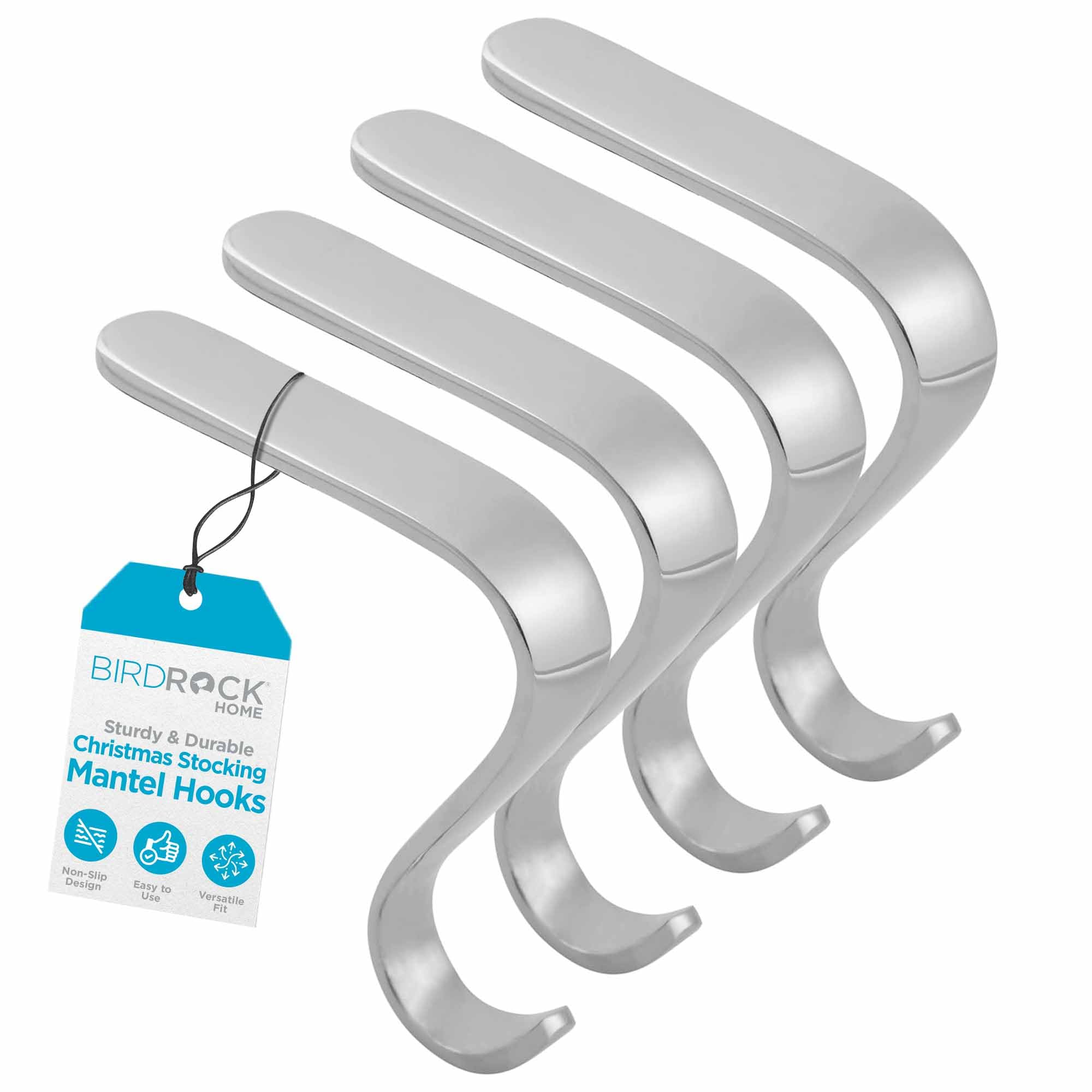 BIRDROCK HOME Christmas Stocking Mantel Hooks - Metal Fireplace Hanger with Non-Slip Pads - Holds Up to 10 lbs - Ideal for Hanging Stockings, Garland & Holiday Decor - 4 Pack, Scroll Design (Silver)