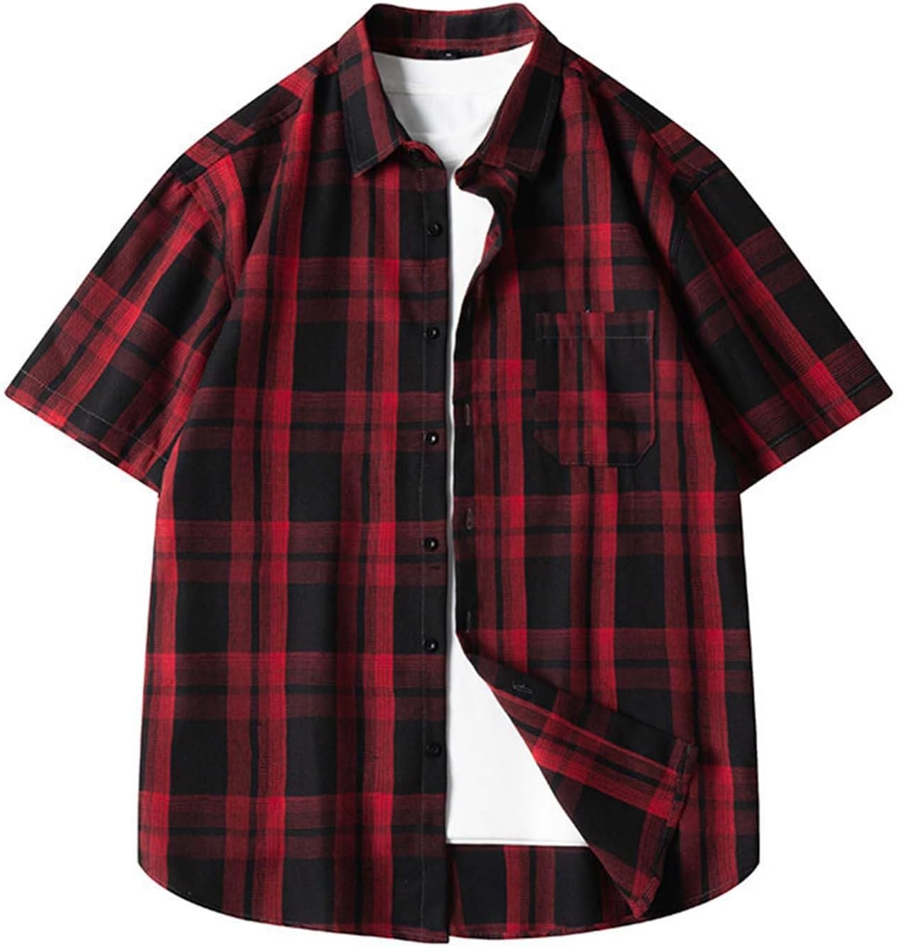 Men's Short Sleeves Shirt Vintage Plaid Print Button Up Lapel Shirts Plus Size Loose Comfy Summer Tops with Pocket