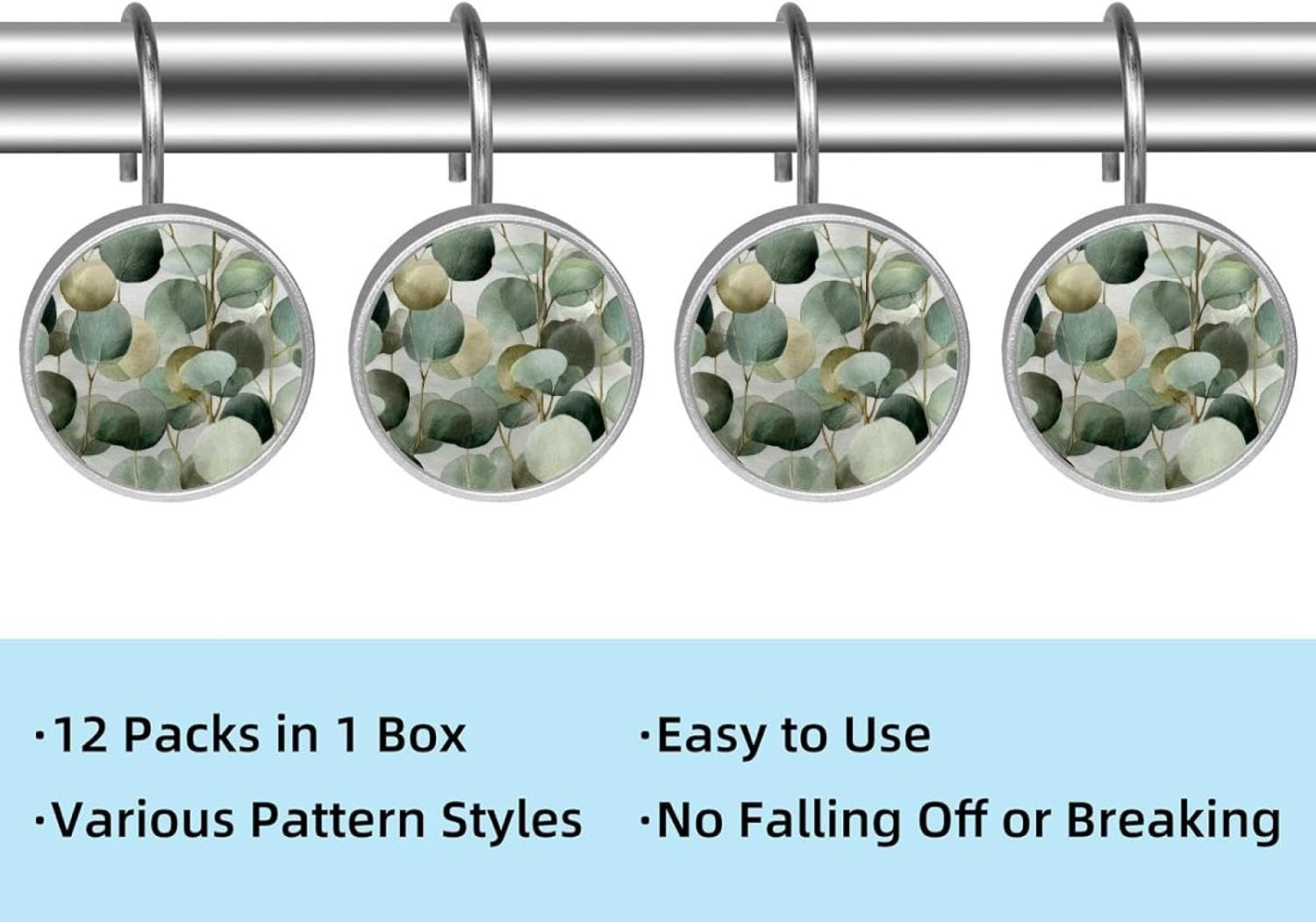 Watercolor Eucalyptus Green Gray Sage to (2) Round Crystal Glass Decorative Shower Curtain Hooks with 3D Pattern Visual, Rust Proof Shower Curtain Rings-12 Pack