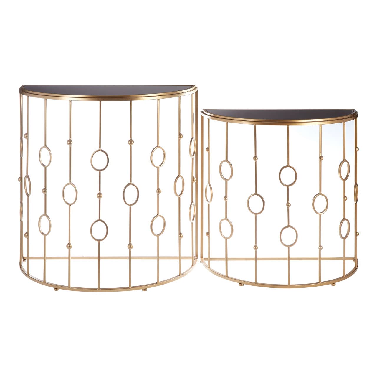 Premier Housewares Art Deco Console Tables - Gold Metal - Black Glass Tops - Set of 2