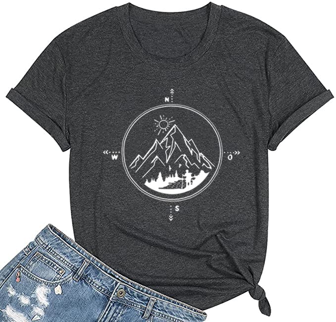 Calvin&SallyHappy Camper T-Shirt Women Hiking Mountain Adventure Novelty Workout Funny Saying Cute Graphic Athletic Shirt
