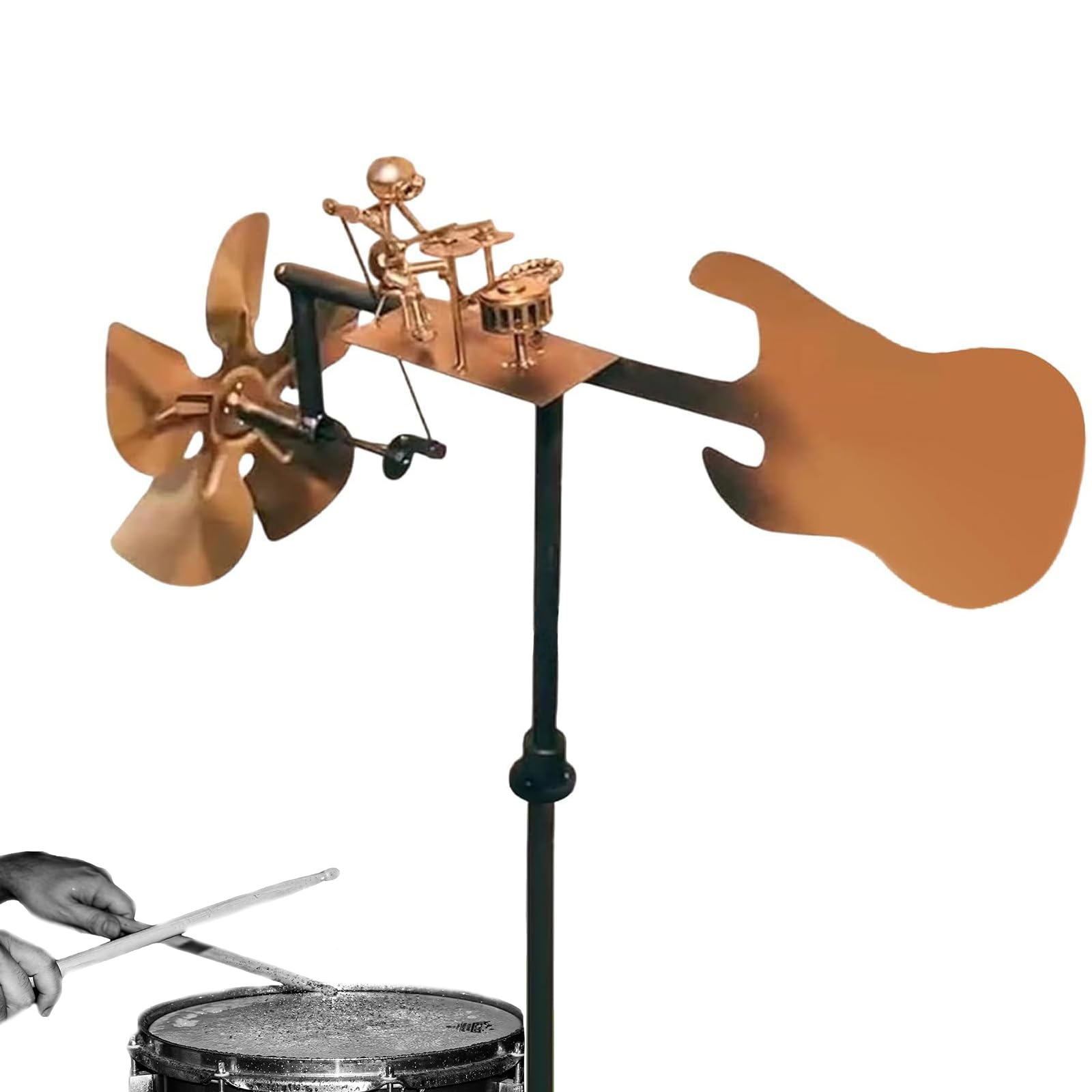 Molino de Viento de Metal Hecho a Mano para jardín con Figura de Baterista y Guitarra, Molino de Viento jardín,Escultura cinética para Exteriores,Estatua Decorativa Tipo Molinillo,Resistente Batería