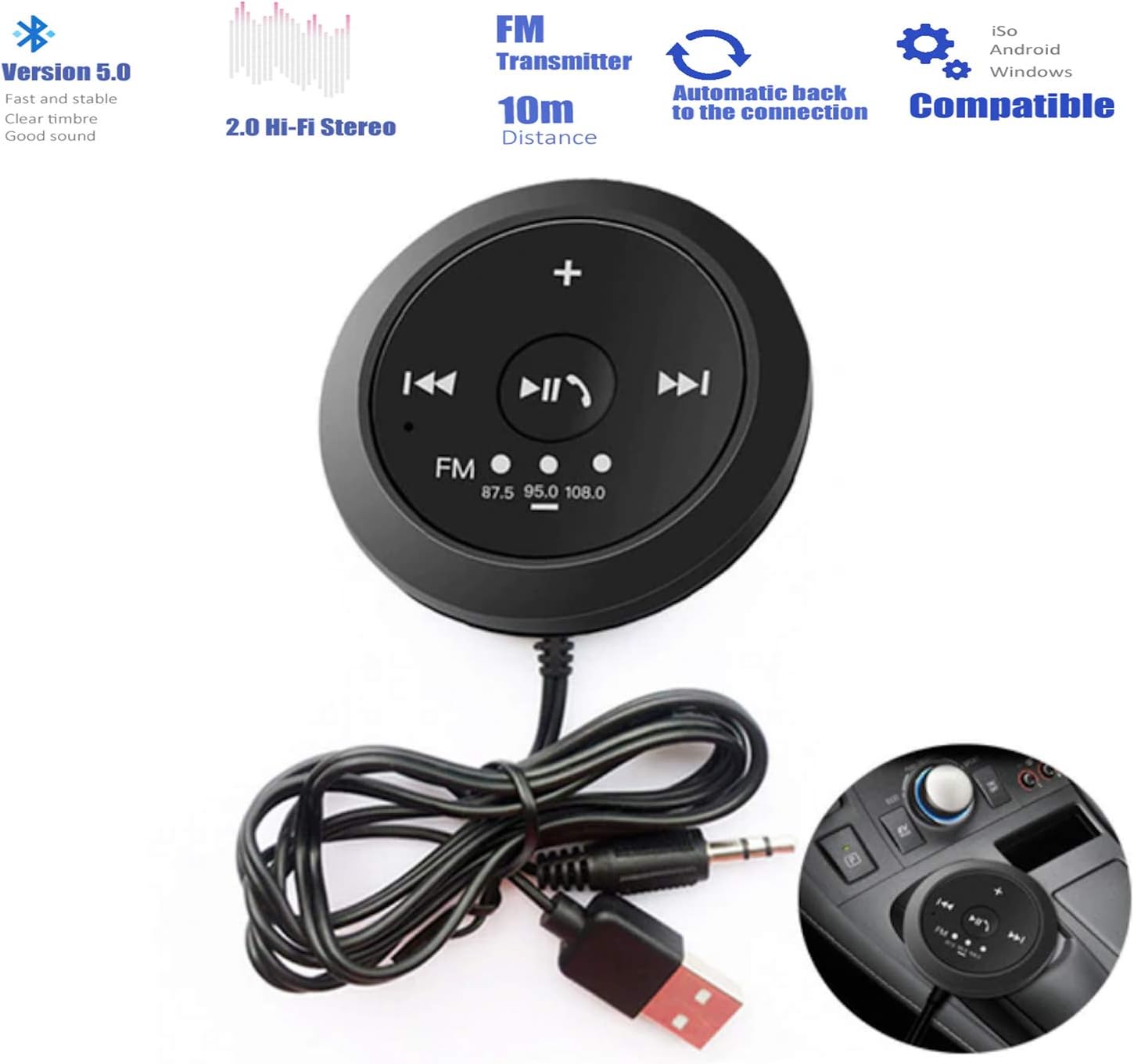 USB Car Bluetooth Receiver Car FM Transmitter Powered AUX Audio Player TF Card Music Adapter Receiver Hands-Free Call (Grey)