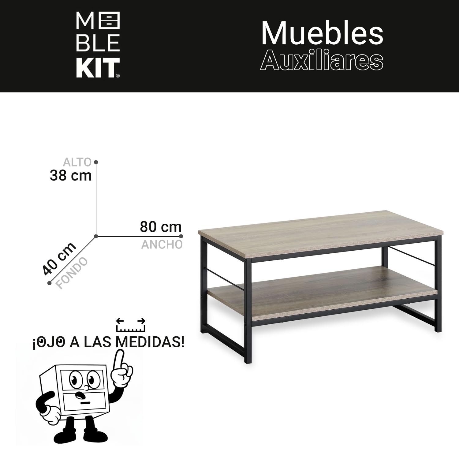 INDE MOBLEKIT | Tavolino rettangolare 80x40x38 cm con 2 ripiani, struttura in metallo nero e piano in legno opaco, tavolino laterale per soggiorno, ripiano basso o tavolino da caffè