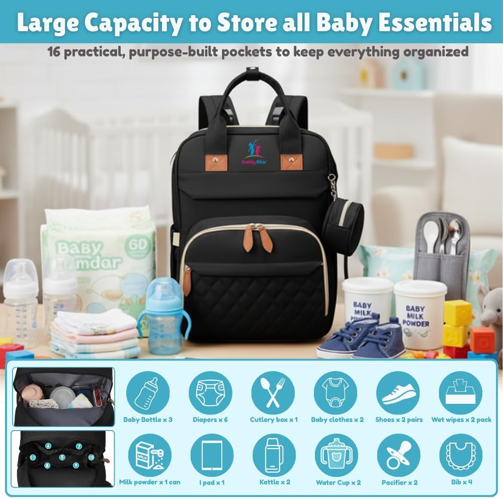 Buddy Bear Diaper Bag Backpack with Changing Station, Waterproof Baby Diaper Bag with USB Port, Large Capacity Multi-Function Baby Bag for Moms & Dads, Ideal Baby Gift, Black - Image 2