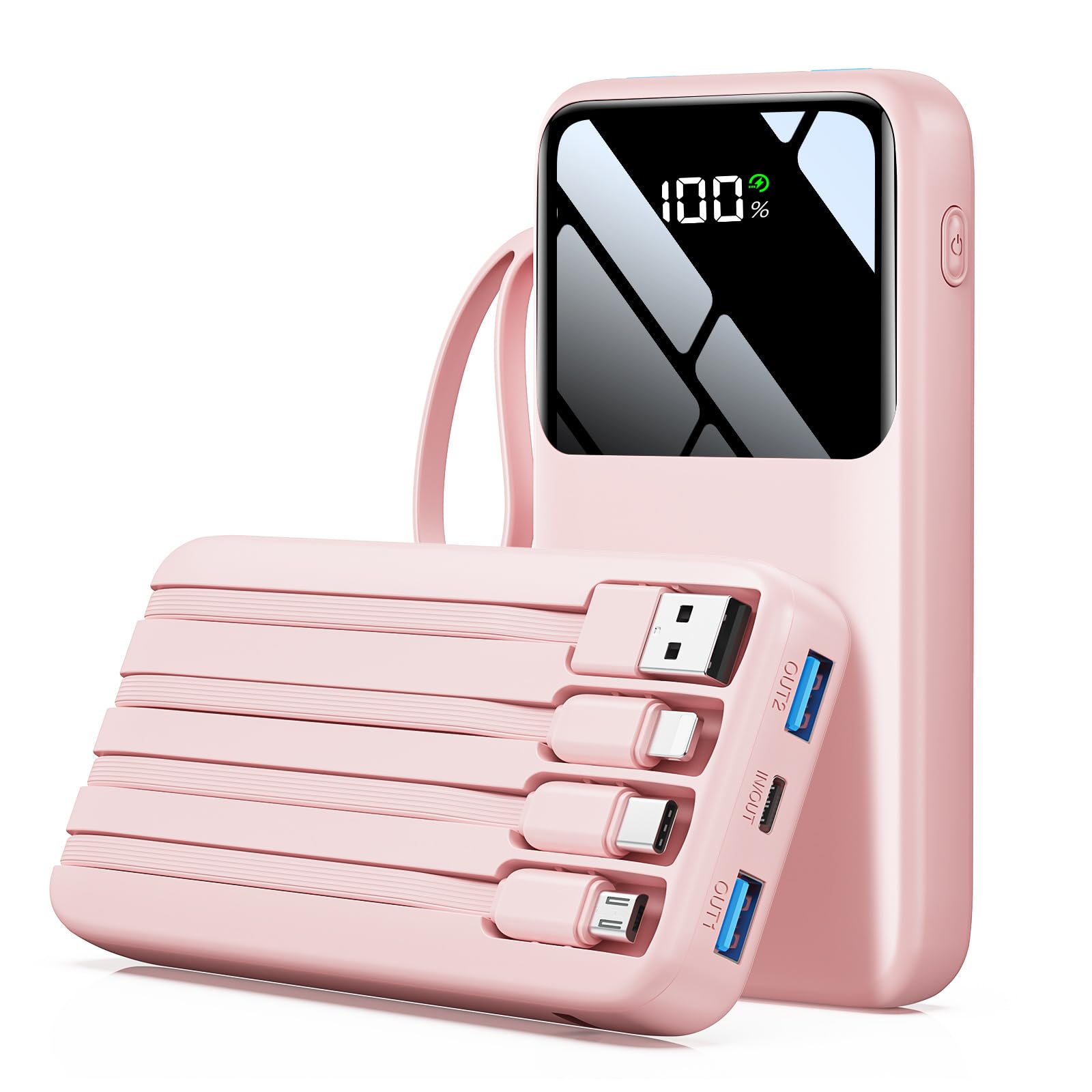 Power Bank 15000mAh Portable Charger with Built in Cable 22 5W Fast Charging 6 Outputs Slim Travel Essential