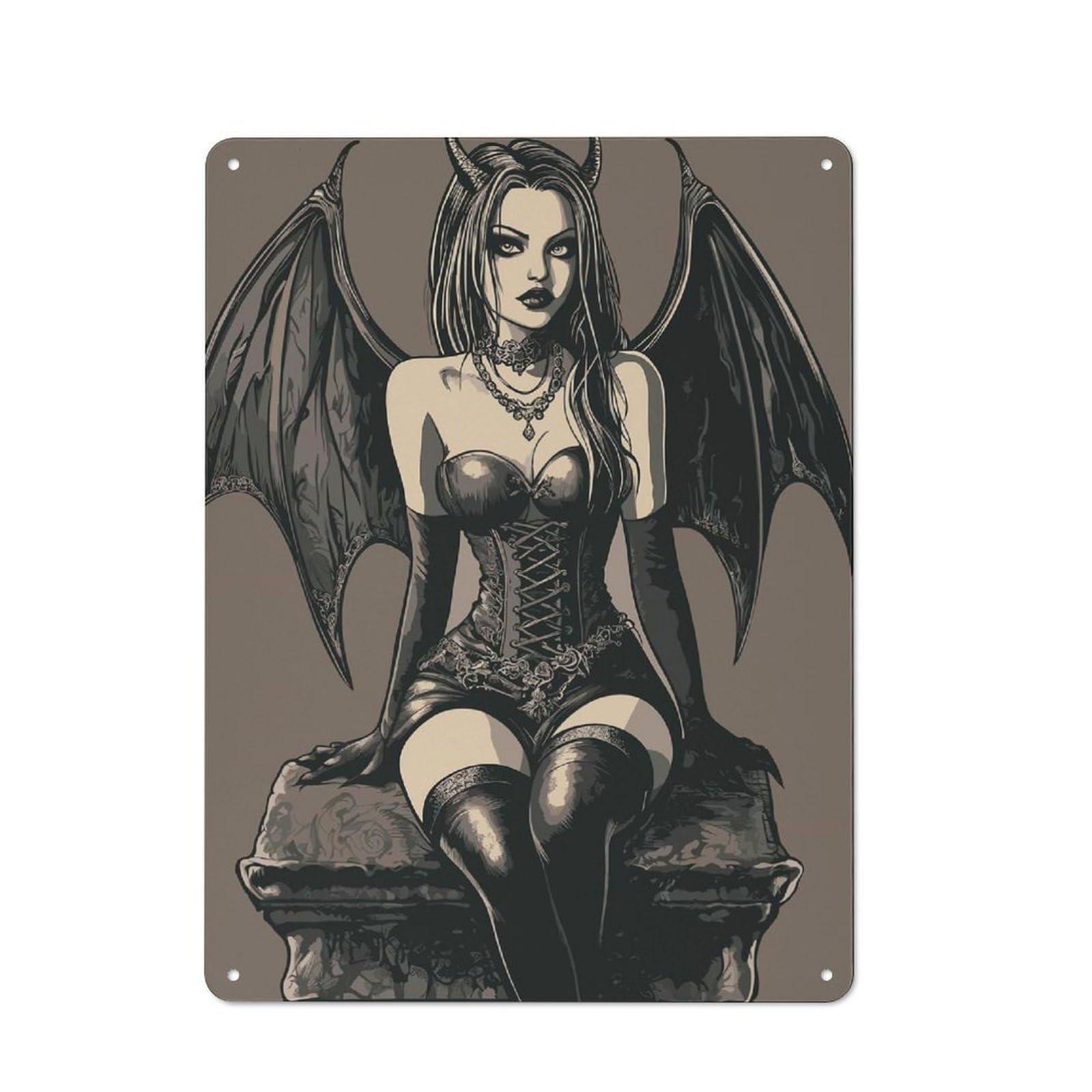 Junmoney Dark Angel Illustration 40X30cm Rustic Metal Sign With For Hobby Room Or Studio, Metal Sign Decor For Hobby Rooms And Studios