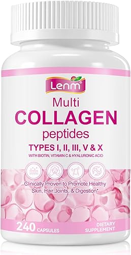 Lenm Cápsulas de colágeno múltiple, 240 cápsulas, 5 tipos de colágeno I II III V X con biotina, vitamina C y ácido hialurónico, péptidos de colágeno