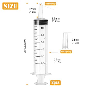 60ml Syringe for Liquid, 2 Pcs Large Plastic Syringe with Caps