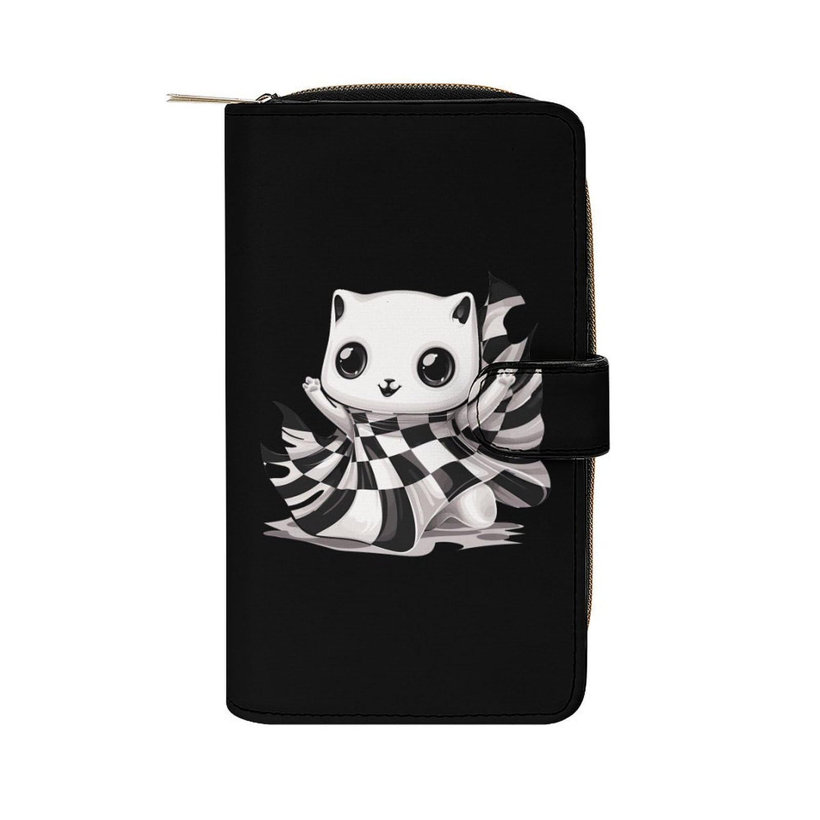 Ghost Cat Leather Long Pouch Wallet for Men And Women Large Capacity Clutch Cash Wallet with Zippered