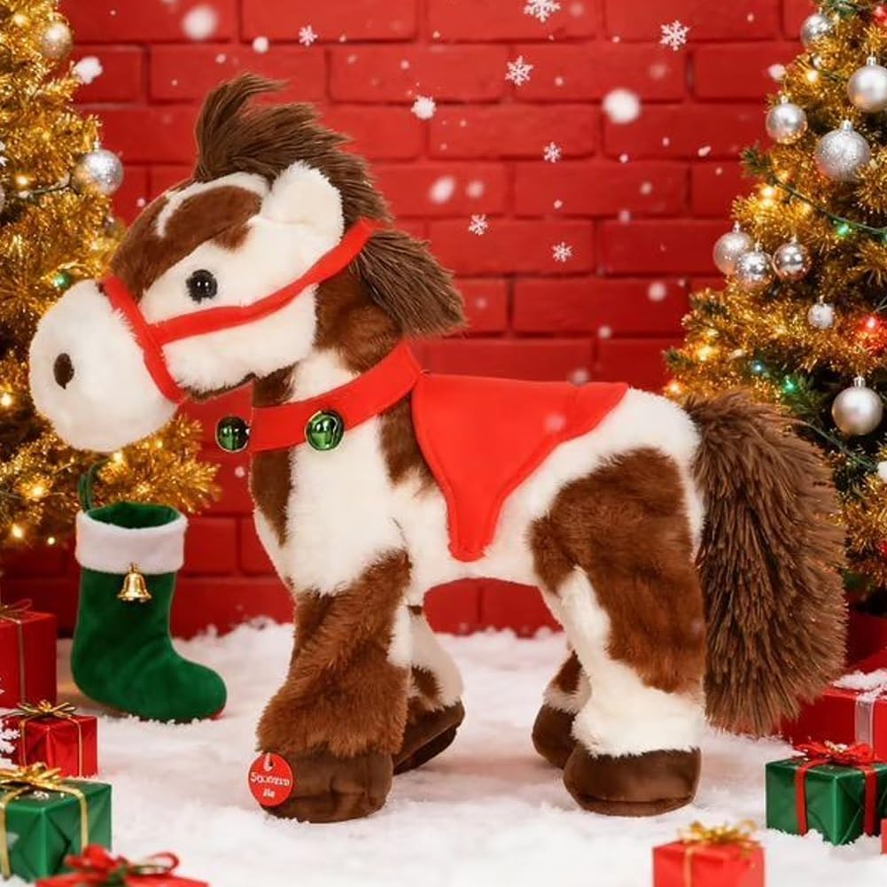 FONI Spotted Electric Plush Horse, Interactive Brown-and-White Spotted Pony with Joyful Neighing Sounds, Soft Adorable Red Saddle with a Green Bell for Soft Fabric, Christmas Birthday Gifts(2PCS)