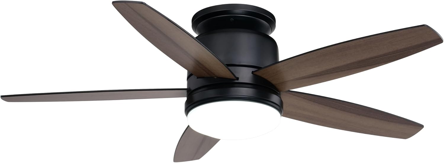 VAXCEL Armon 44 in. Black Indoor Low Profile Flush Mount Transitional Ceiling Fan with Reversible Black-Brown Hickory Blades, Dimmable LED Light Kit and Remote Control, 3 Speeds, White Glass Shade