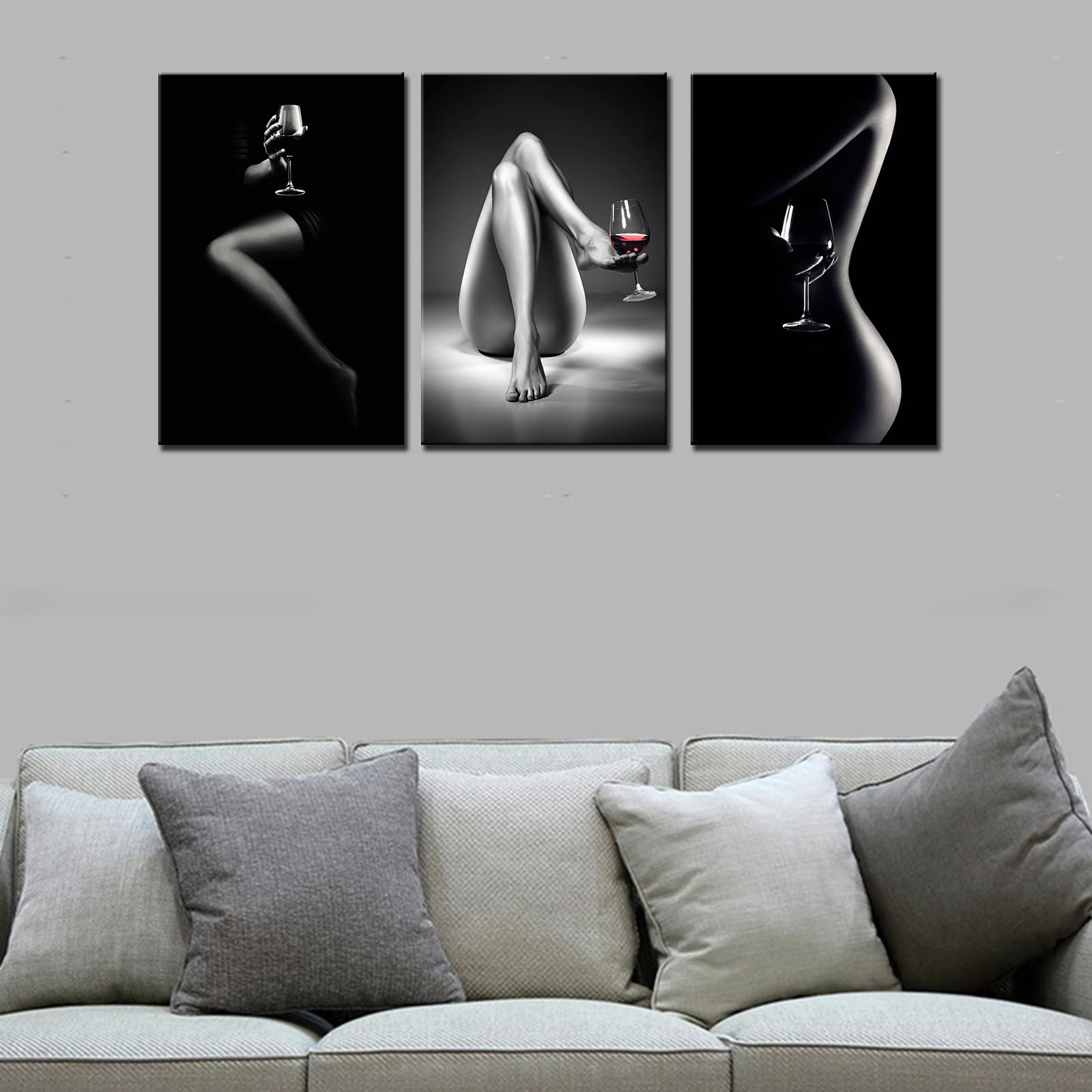 Tucocoo 3 Piece Canvas Wall Art Sexy Women and Wine Glass Pictures Fashion Girl Black and White Paintings Contemporary Artwork Home Decor for Living Room Giclee Wooden Framed Ready to Hang(48x24Inch)