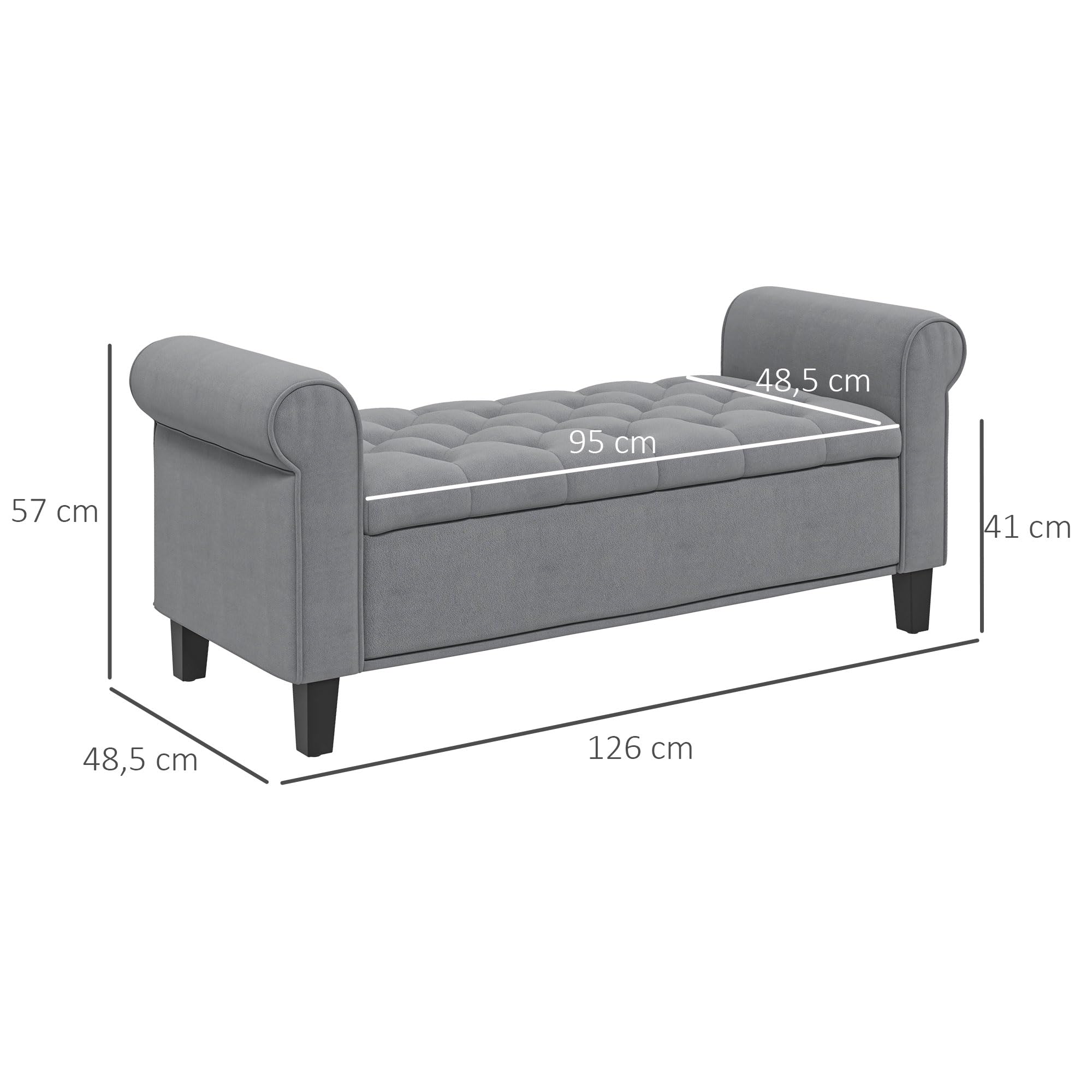 HOMCOM Banc de Rangement Bout de Lit avec Accoudoirs 126x48,5x57 cm Gris | Coffre de Rangement, Tissu Velours Rembourré et Capitonné, Charge jusqu'à 220 kg, pour Salon, Chambre, Entrée