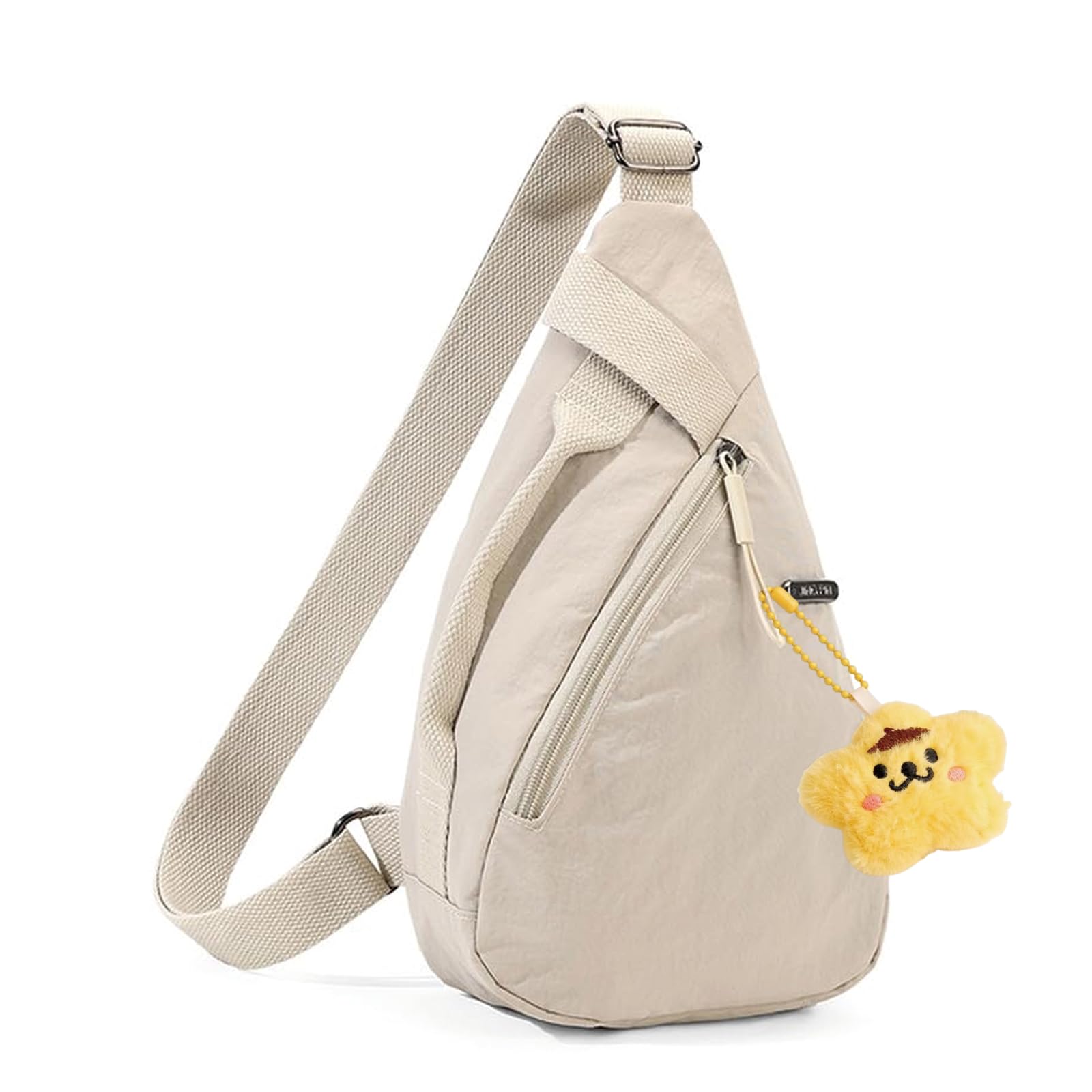 Chest Bag for Men Women, Cross Body Bag with Plush Dolls, Travel Sling Bags for Women, Lightweight Nylon Design for Commuting and Outdoor Activities, Beige Shoulder Bag with Multiple Storage Pockets-image-22