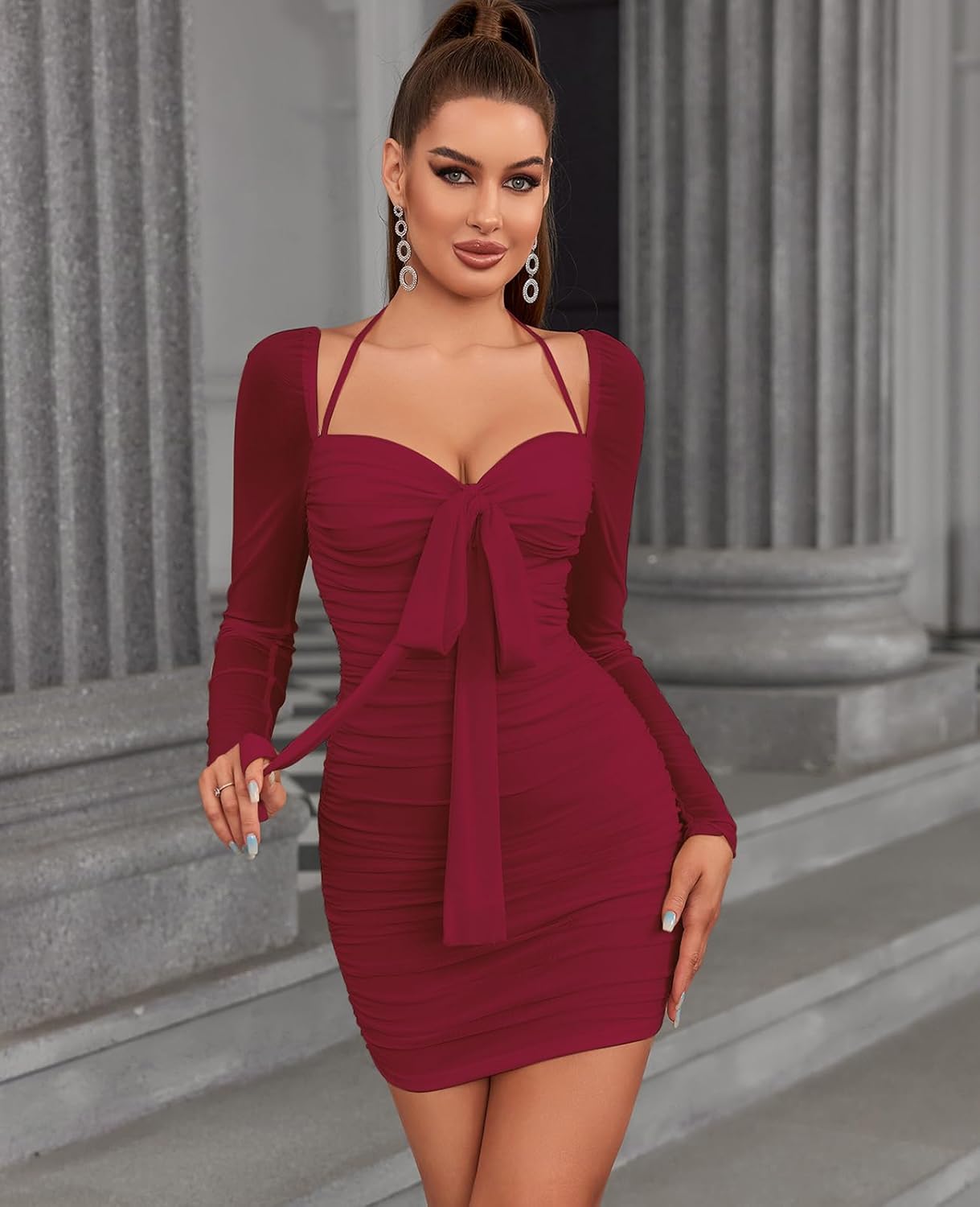 HTZMO Women Long Sleeve Bodycon Mini Dress Sexy Backless Ruched Party Club Going Out Dresses - Image 2