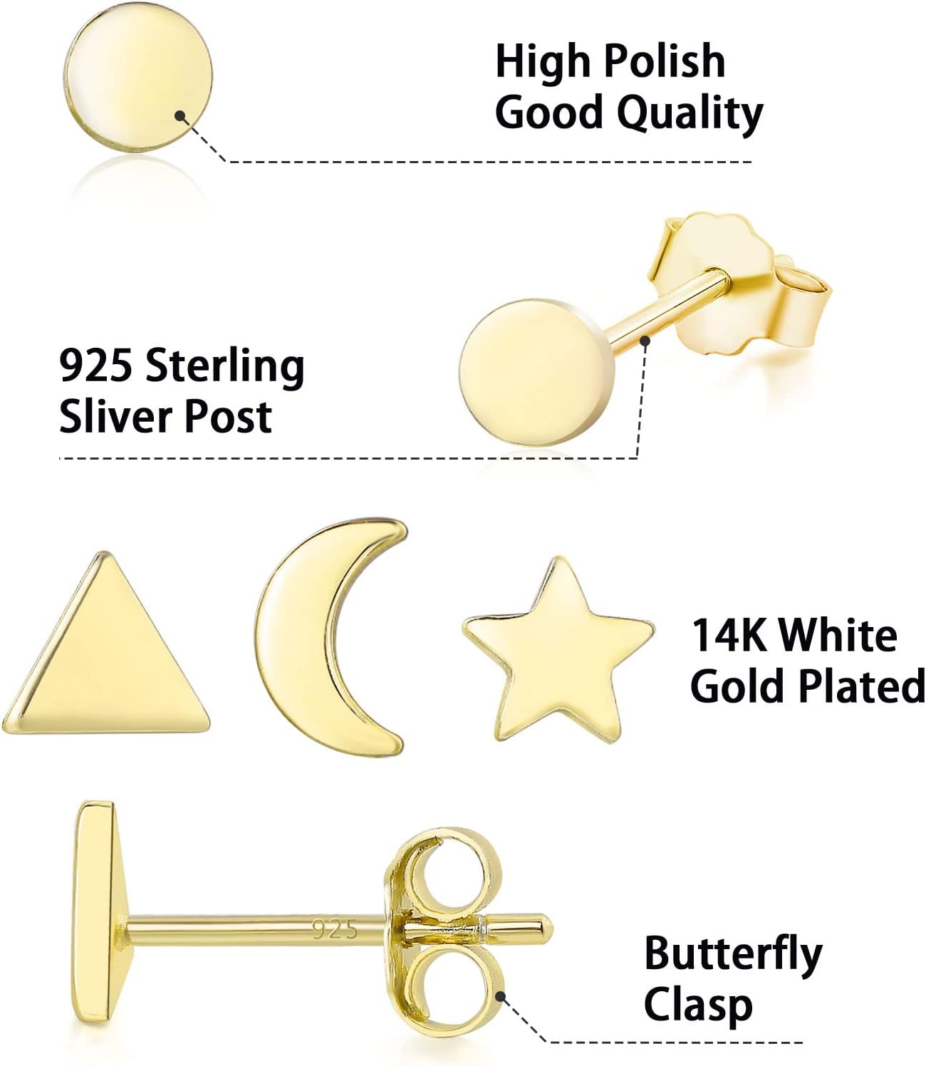 Sterling Silver Stud Earrings - 4 Pairs Small Gold Plated Ball Earrings Triangle Stud Star Moon Round CZ Earrings Bar Earrings Set Hypoallergenic Cartilage Tragus Earrings