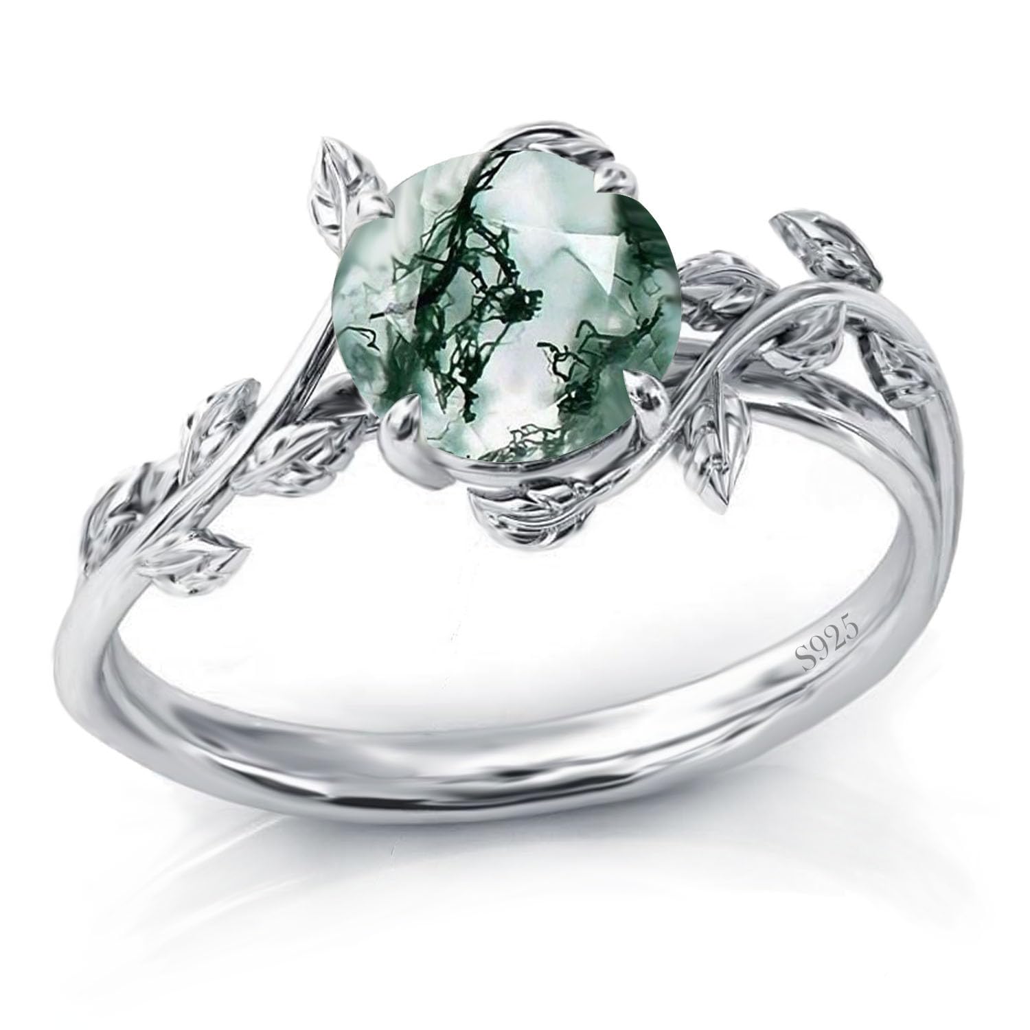 Wasee Natural Moss Agate Ring for Women 925 Sterling Silver Green Moss Agate Engagement Wedding Promise Ring Jewelry Gifts for Women