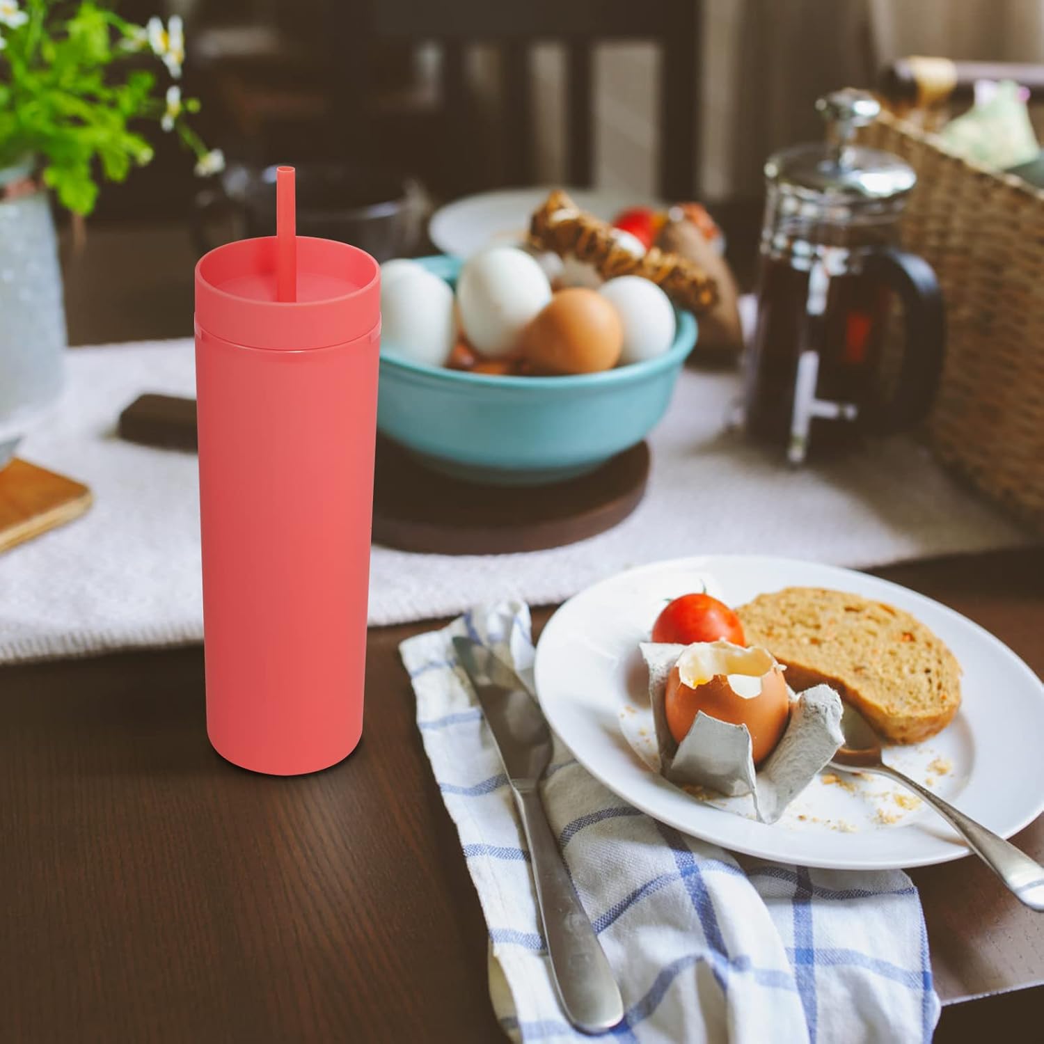 Volhoply 20oz Plastic Skinny Tumblers Bulk 4 Pack,Double Wall Tumbler with Lid and Straw,Reusable Travel Iced Coffee Mug,BPA Free Matte Acrylic Water Cups with Straw for Party,DIY Gifts(Mix, 4 Set) - Image 6