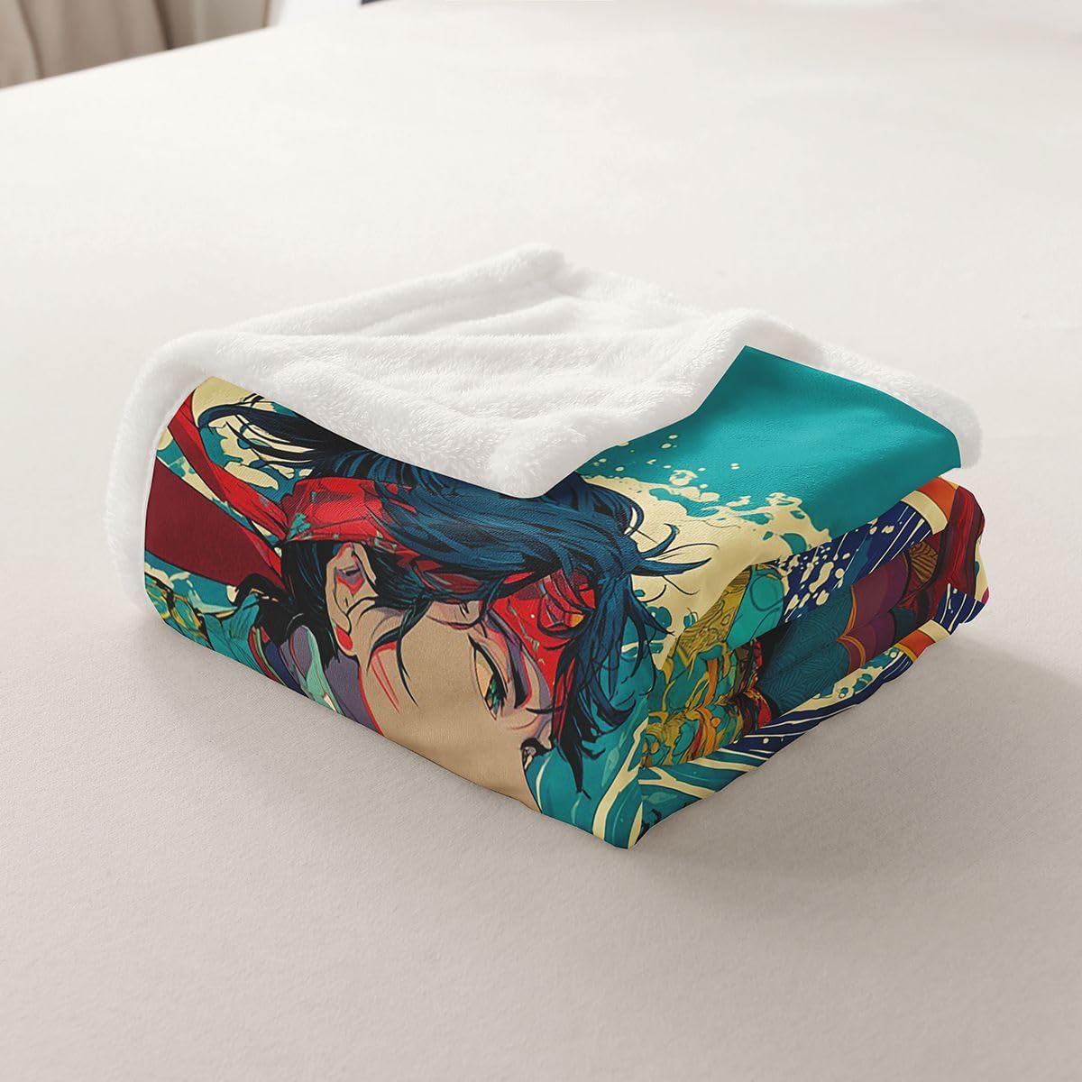 Erosebridal Samurai Anime Throw Blanket Japanese Style Fleece Blanket Queen Size Kids Ocean Waves Fuzzy Blanket for Boys Girls Teens Modern Aesthetic Home Decor Plush Bed Blanket