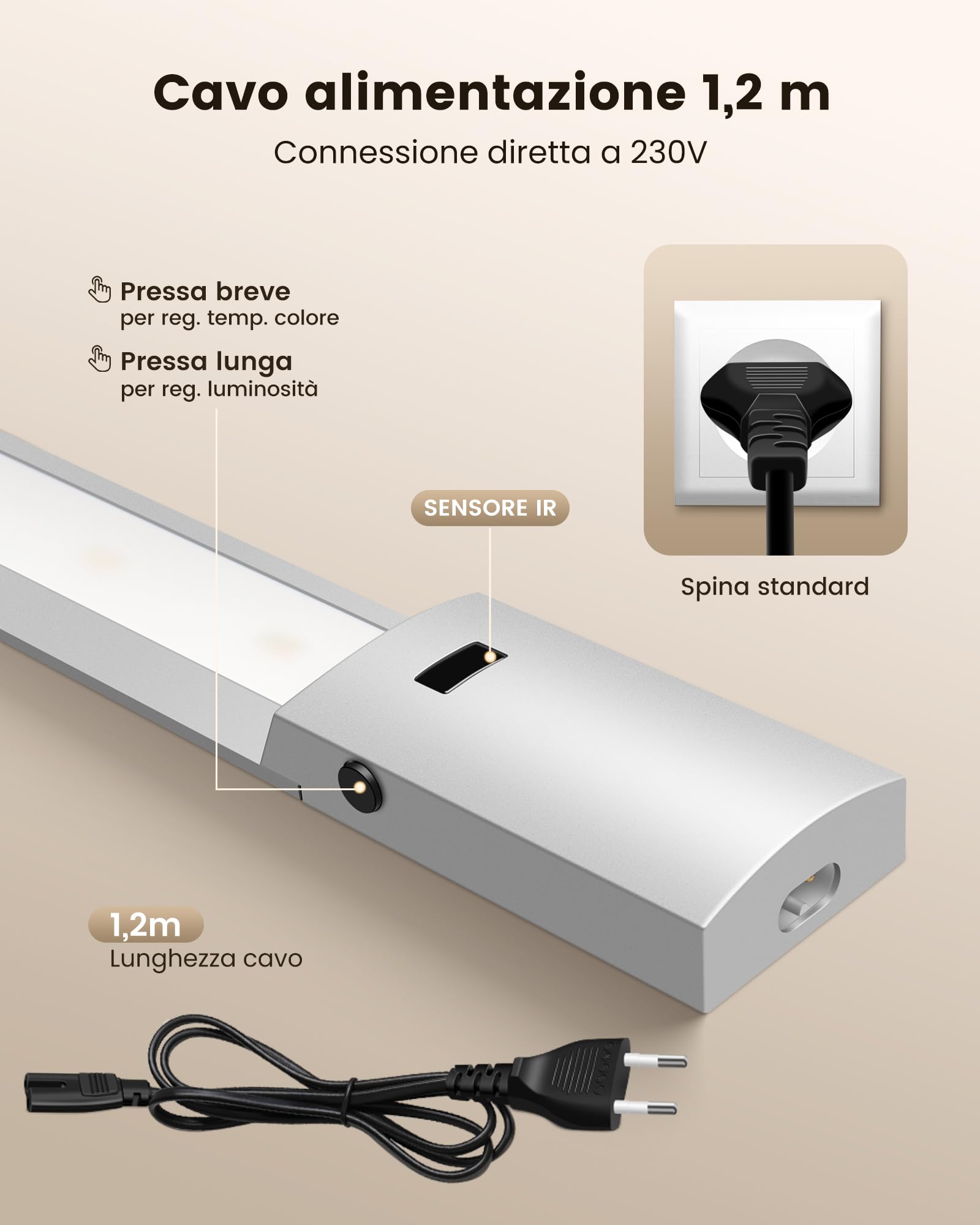 ALUSSO Luce per armadio da cucina LED dimmerabile, 60 cm, 10 W, 780 lm, 3 temperature di colore (3000/4000/6500 K) con sensore di movimento per armadio/guardaroba