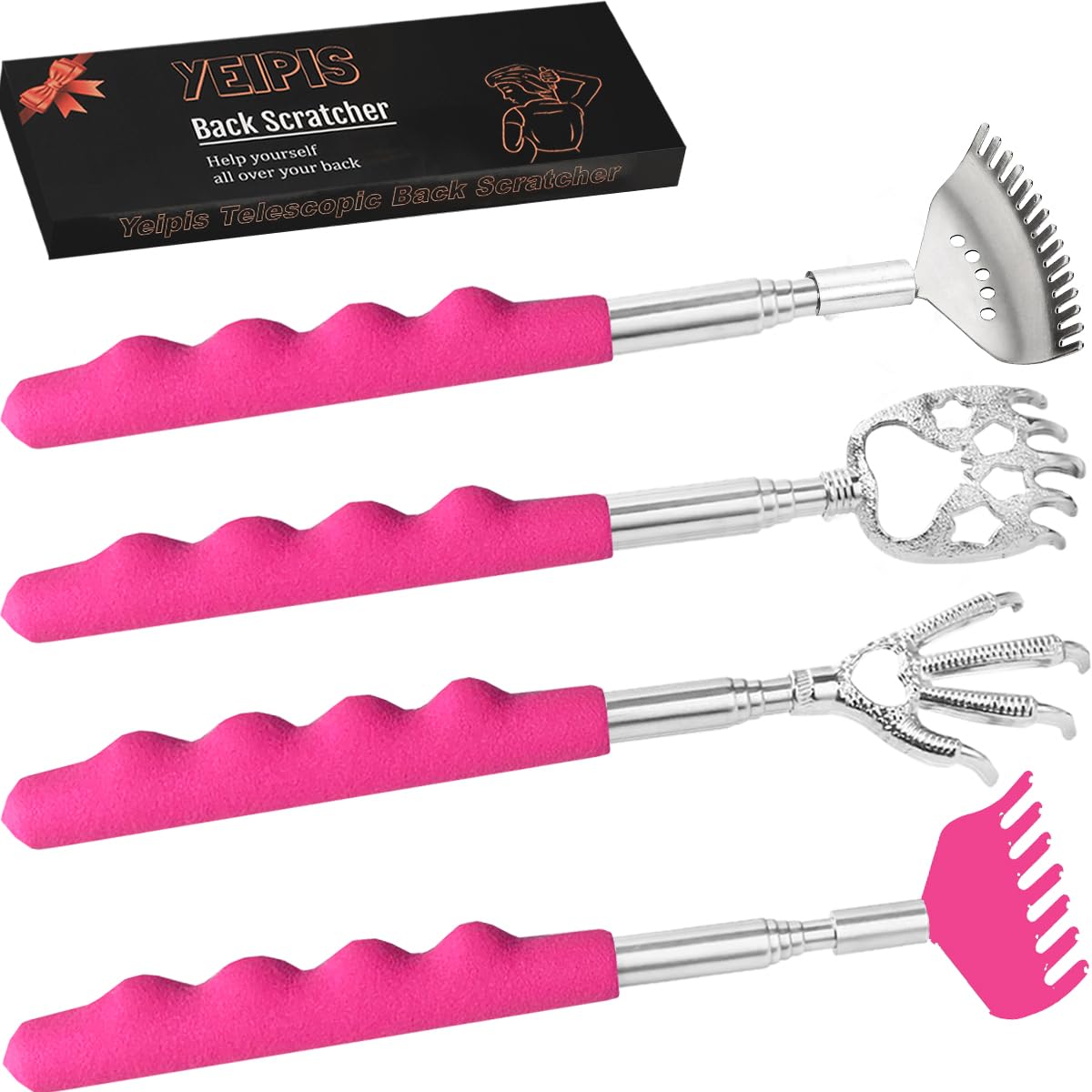 Yeipis 4 Pcs Different Style Back Scratcher Metal Portable Telescoping Tool, Extendable Back Massager Back Scratcher with a Box, Great Gifts for Men Women Stocking Stuffers (Pink)