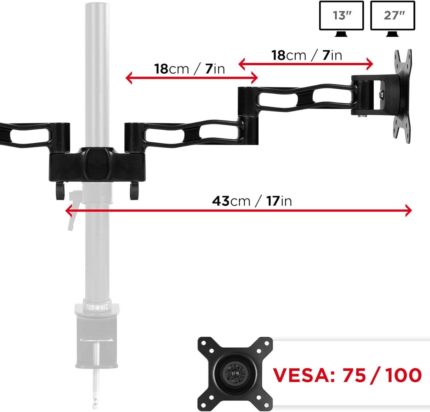 Duronic Dual Spare Arm Set DM35P2 | Two DM35 Arms with VESA Heads | Dual Joint Screen Arms | Compatible with All Duronic Monitor Desk Mounts & Poles | Black | Aluminium | Part of The DM35 Range