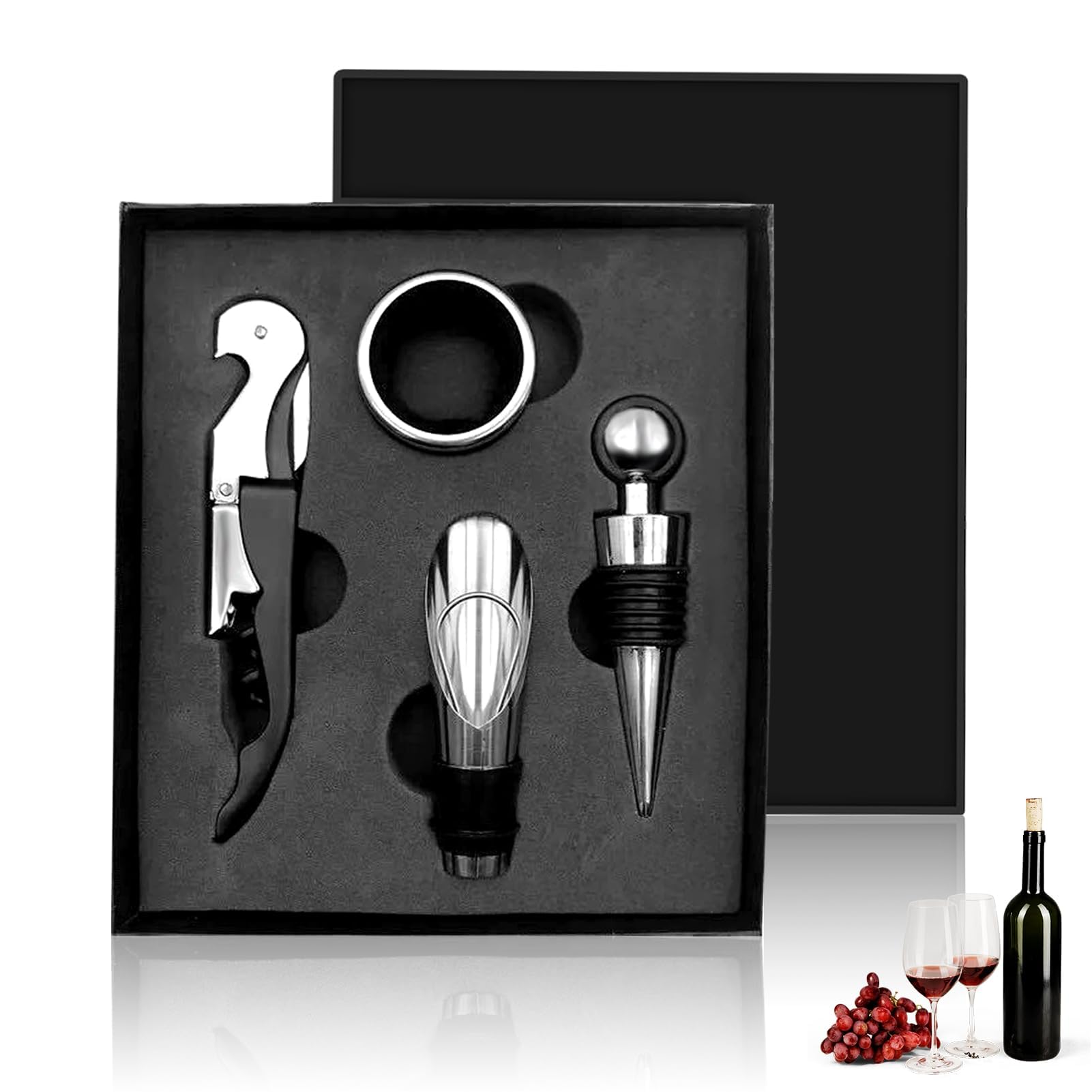 Cyrank Juego De Abridor De Vino, Abridor Manual De Botellas De Vino Tinto Con Estuche Clásico, Kit De Sacacorchos Con Mango De Embalaje De Acero Inoxidable Para El Hogar, Bar Y Restaurante(negro)