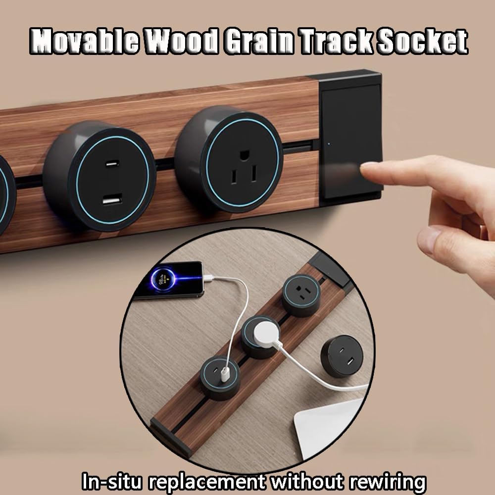 Track Socket, 8000W Wall-Mounted Movable Slide Rail Strip, L 30/40/50/60/80/100cm Optional, with Power Socket Adapter, Punch-Free Easy Installation for Kitchen, Living Room, Study, Office,80cm