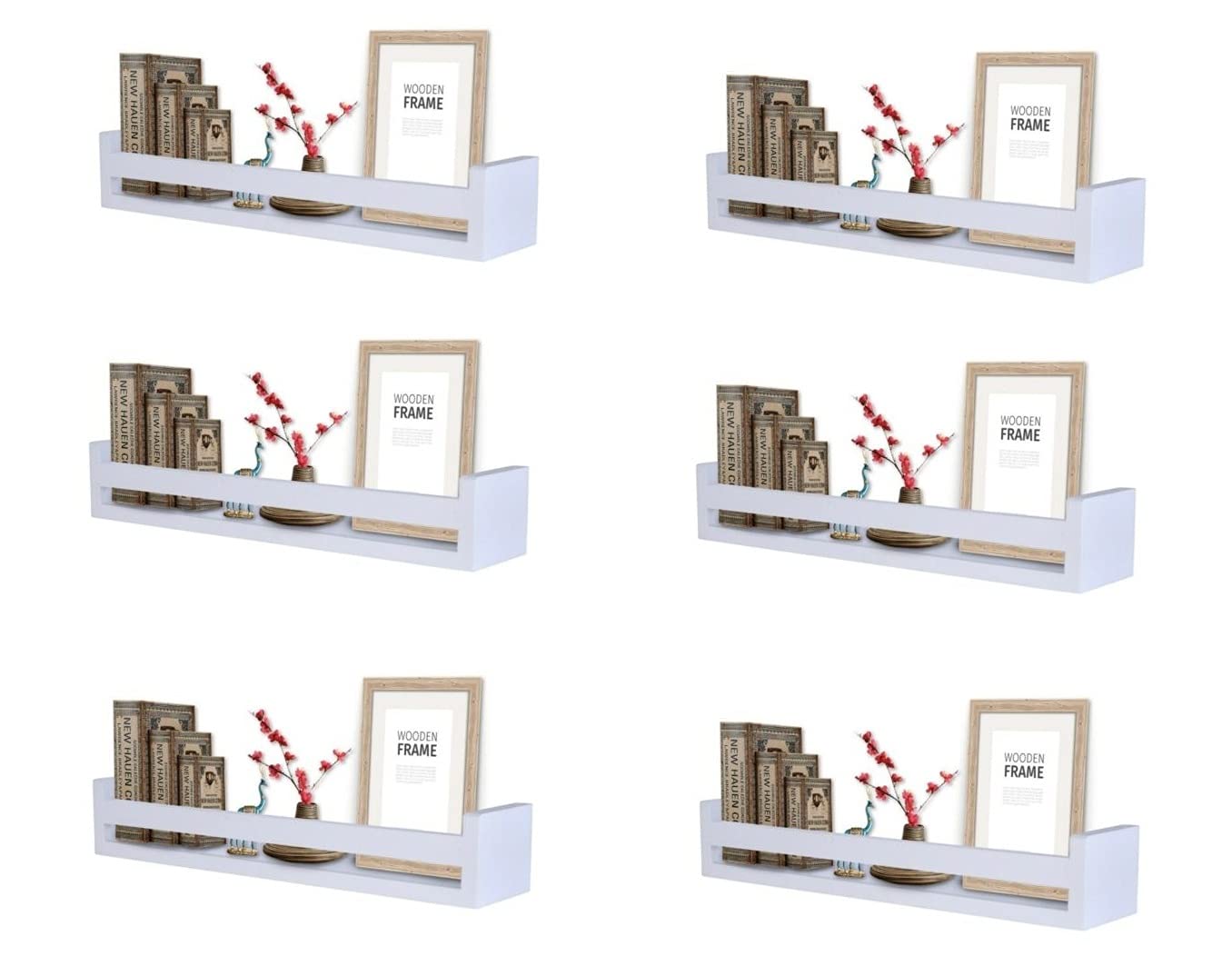 Optimal Products Spice Jar Rack Natural Wood Wooden Wall Mounted Shelves Racks Multi Use Books Shelf Kids Storage Stand Kitchen Bathroom Unit (White (60 x 10 x 9 cm), 6)