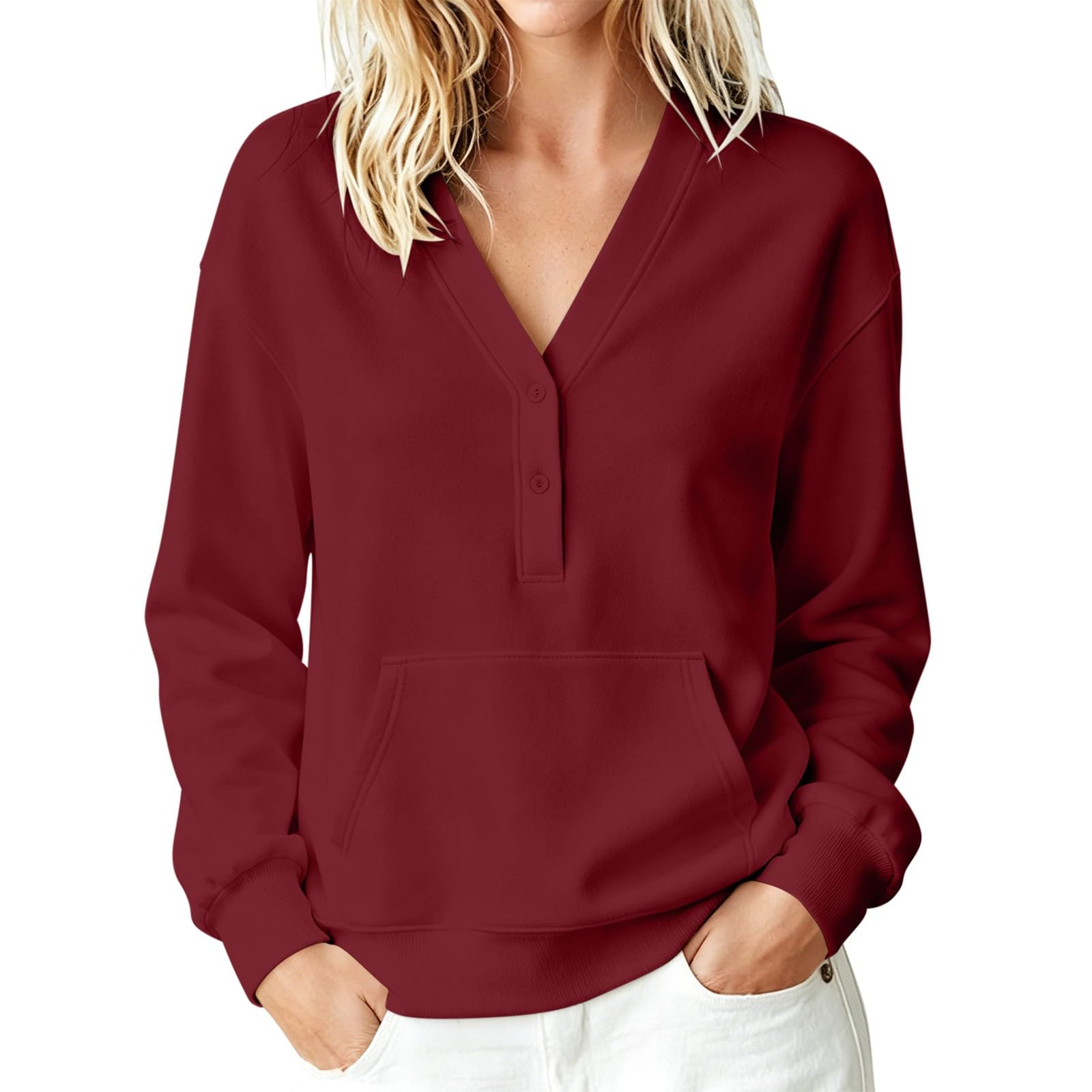 Generico Felpa Leggera Donna Felpa Leggera con Mezza Bottoni Scollo a V Casual Giacca con Tasche Taglie Forti Spessa Giubbotto da Autunno a Maniche Lunghe Moda Felpe per Fitness Jogging Tinta Unita