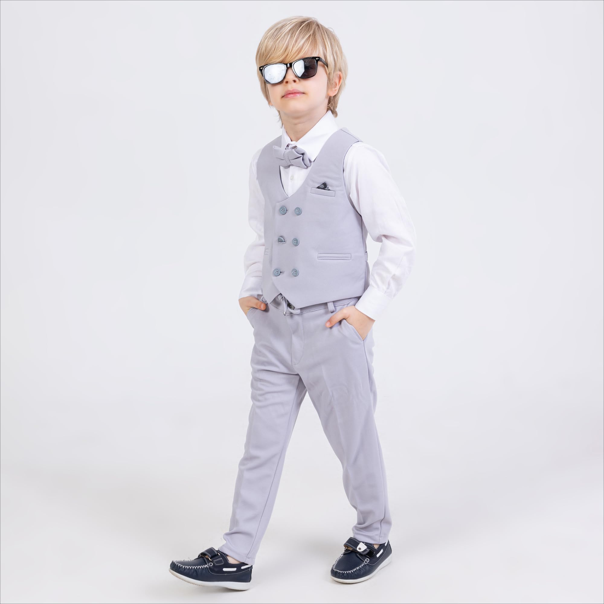 Gilet per ragazzi | Set di 4 pezzi camicia, pantaloni, gilet e papillon | Abbigliamento formale e per feste per ragazzi di età compresa tra 1 e 13 anni