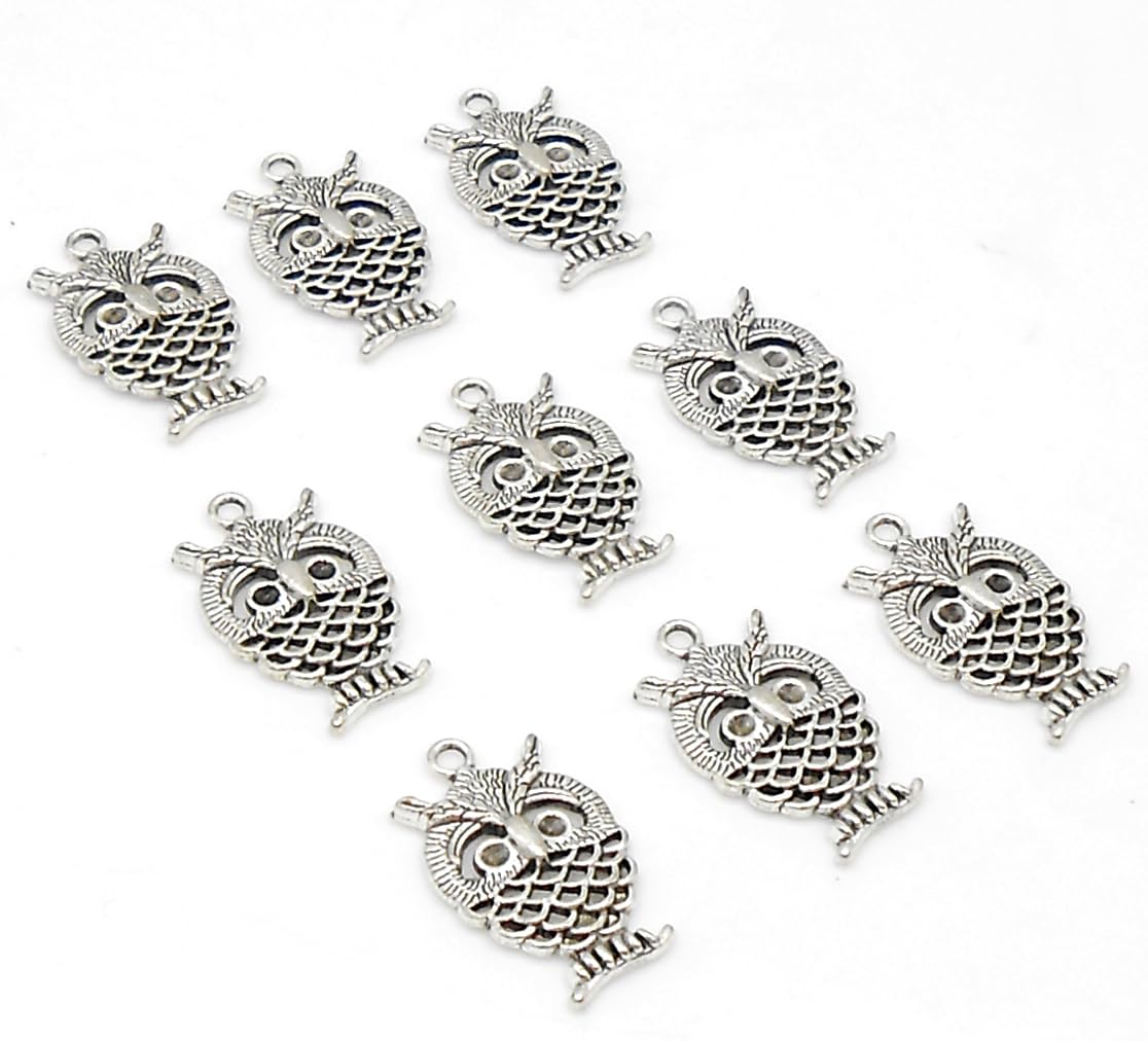 JAZ Beautiful SMALL & Cute Silver Colour Owl Charms Bead for Jewellry Making Pack of 10 pcs.