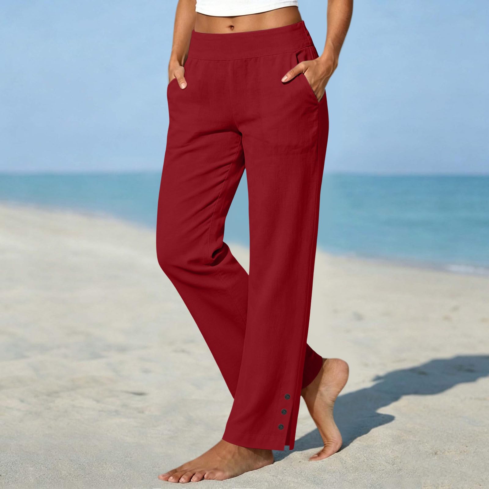 Pantalon Coton Et Lin pour Femme avec Taille Élastique Et Poches Côté - Pantalon Droit À Ouvertures Latérales Et Boutons, Idéal comme Pantalons Casual pour La Vie Quotidienne Et Les Balades